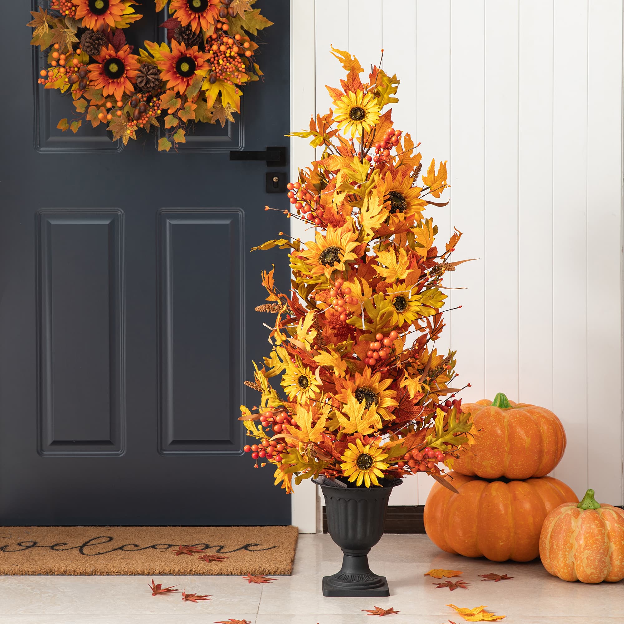 Glitzhome® 48" Fall Lighted Maple Leaf & Sunflower Urn Porch Tree with Timer