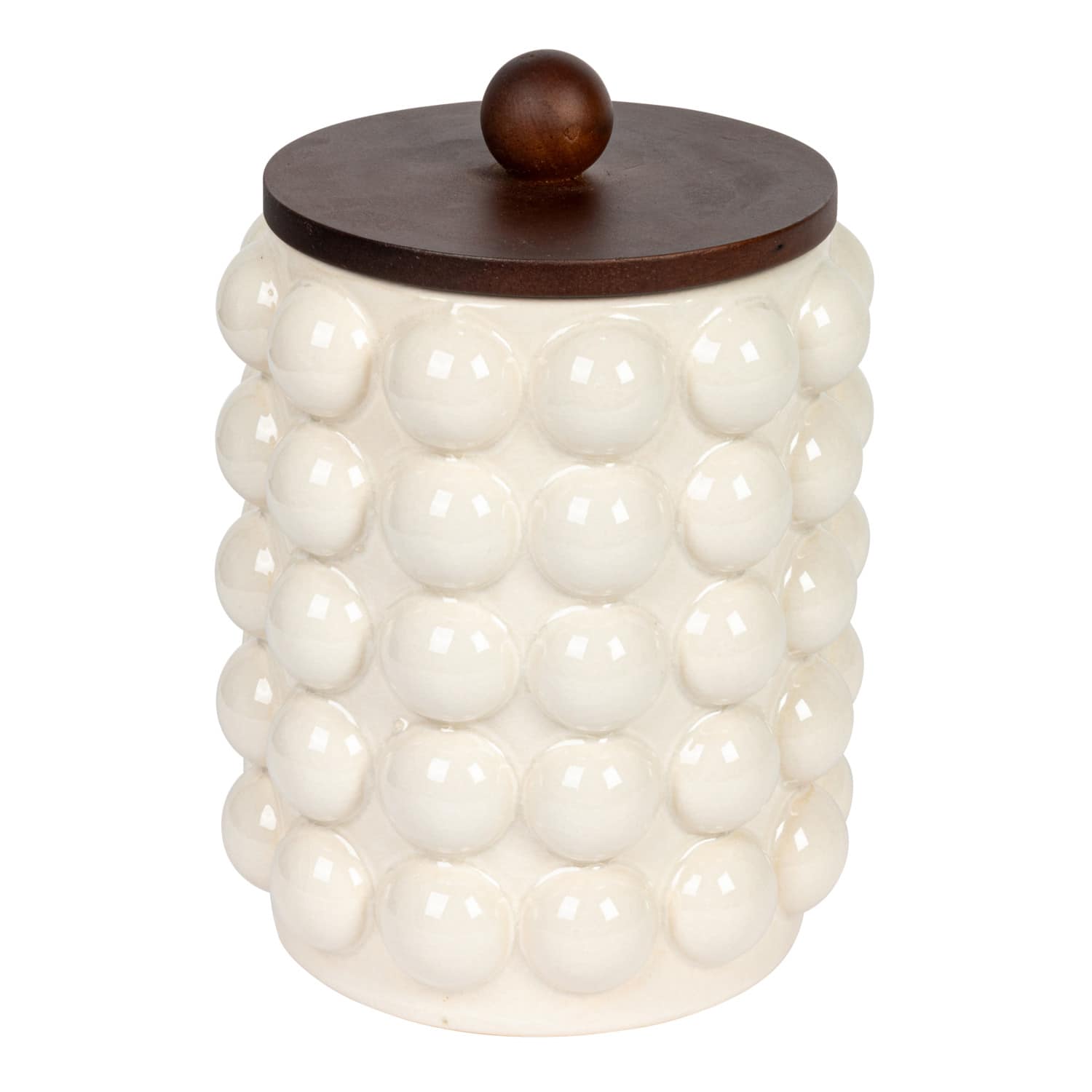 White Raised Dots Stoneware Canister with Acacia Wood Lid