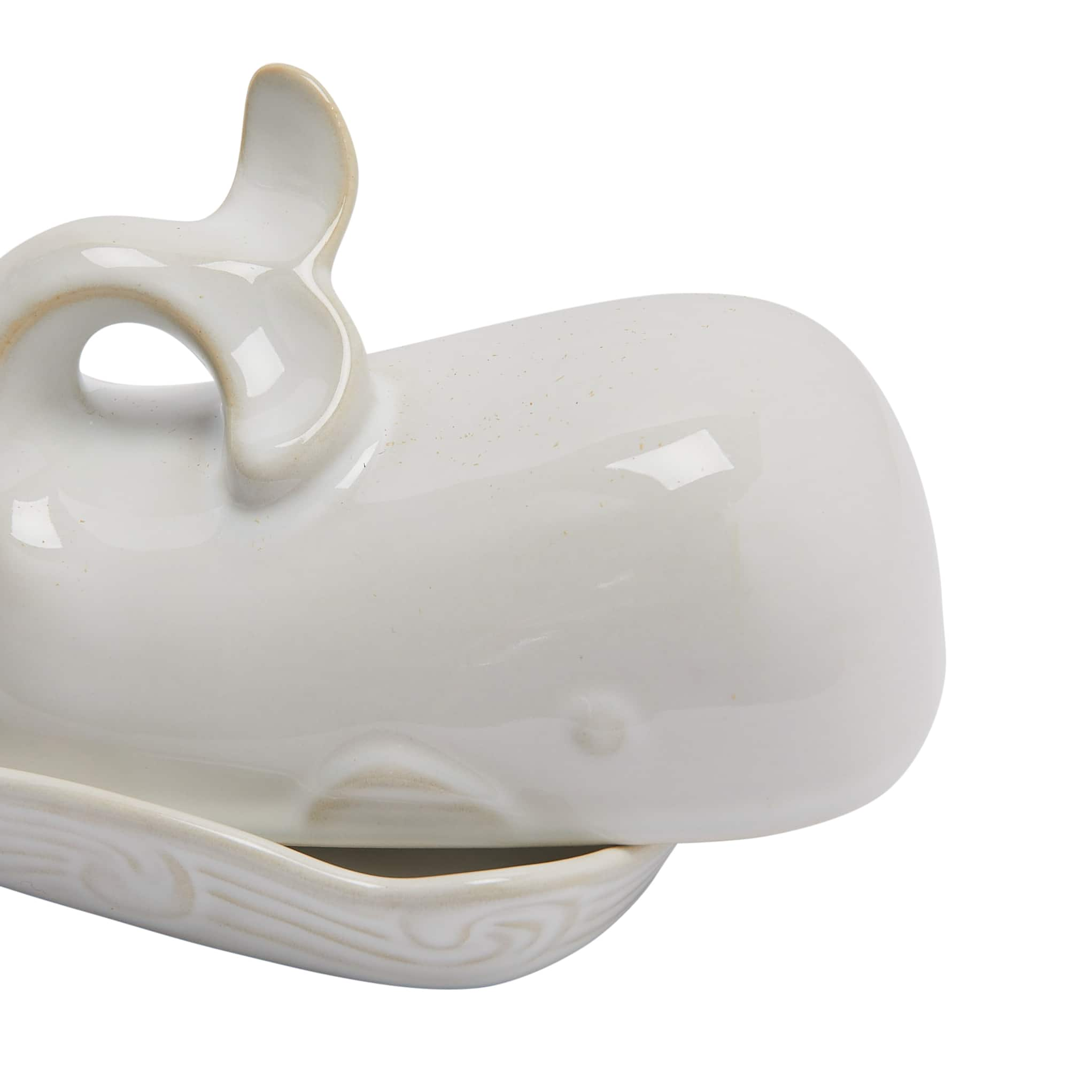 7&#x22; White Coastal Stoneware Whale Shaped Butter Dish