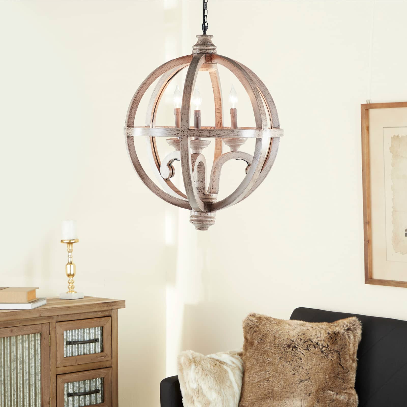 Gold Wood Rustic Caged Chandelier , 28&#x22; x 21&#x22; x 21&#x22;
