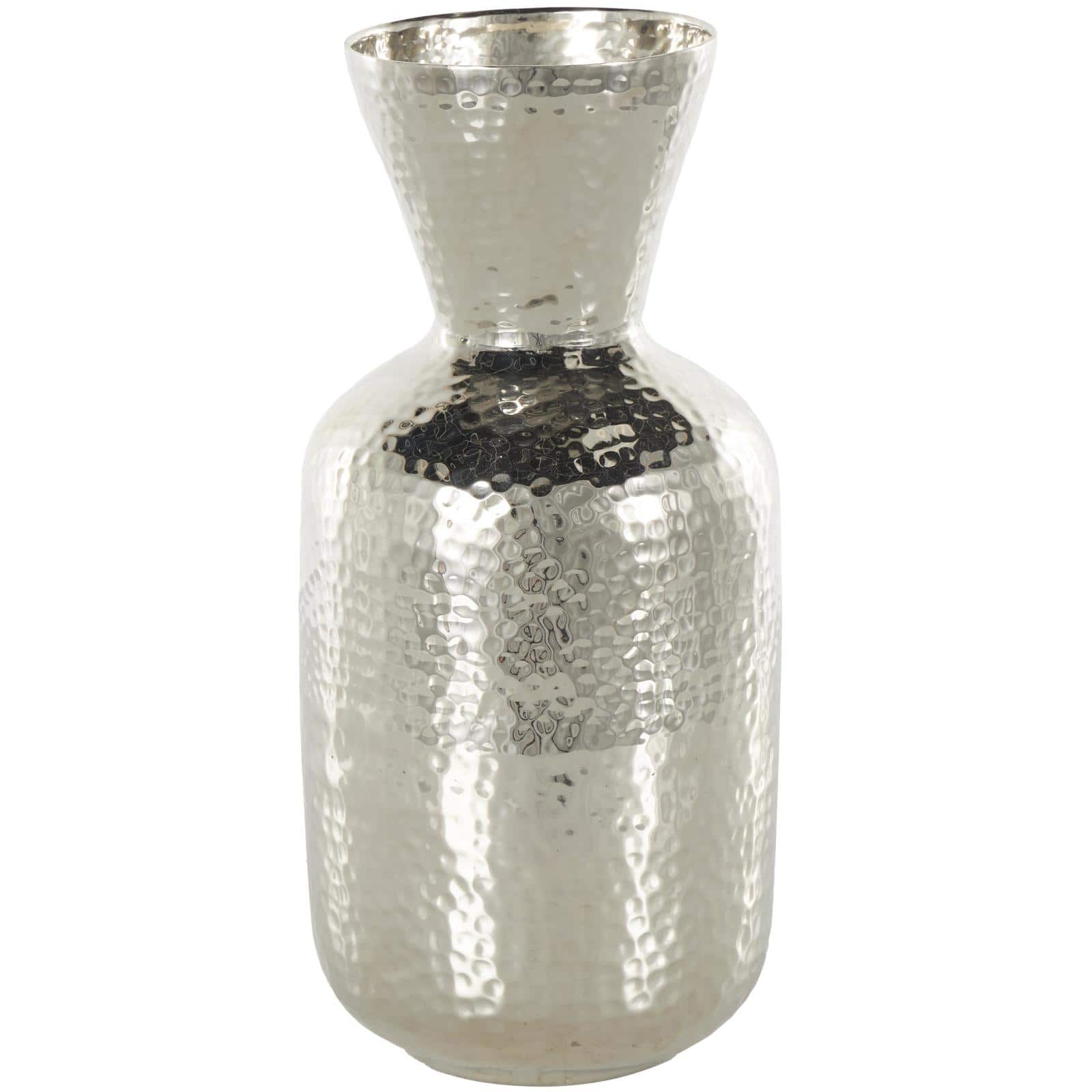 13" Silver Aluminum Metal Hammered Vase with Cone Shaped Opening