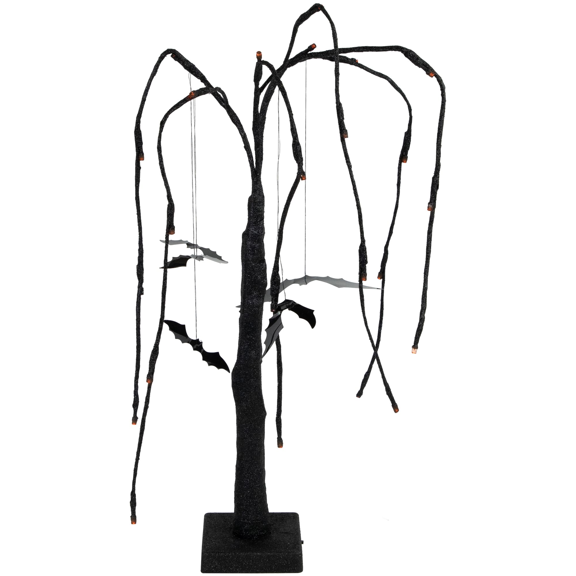 24" LED Lighted Black Glittered Halloween Willow Tree with Bats