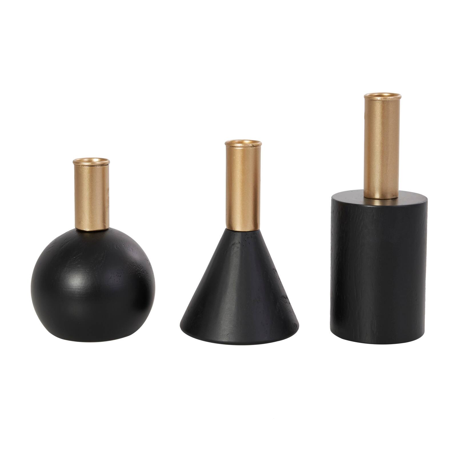 Black Wood Geometric Candle Holder Set