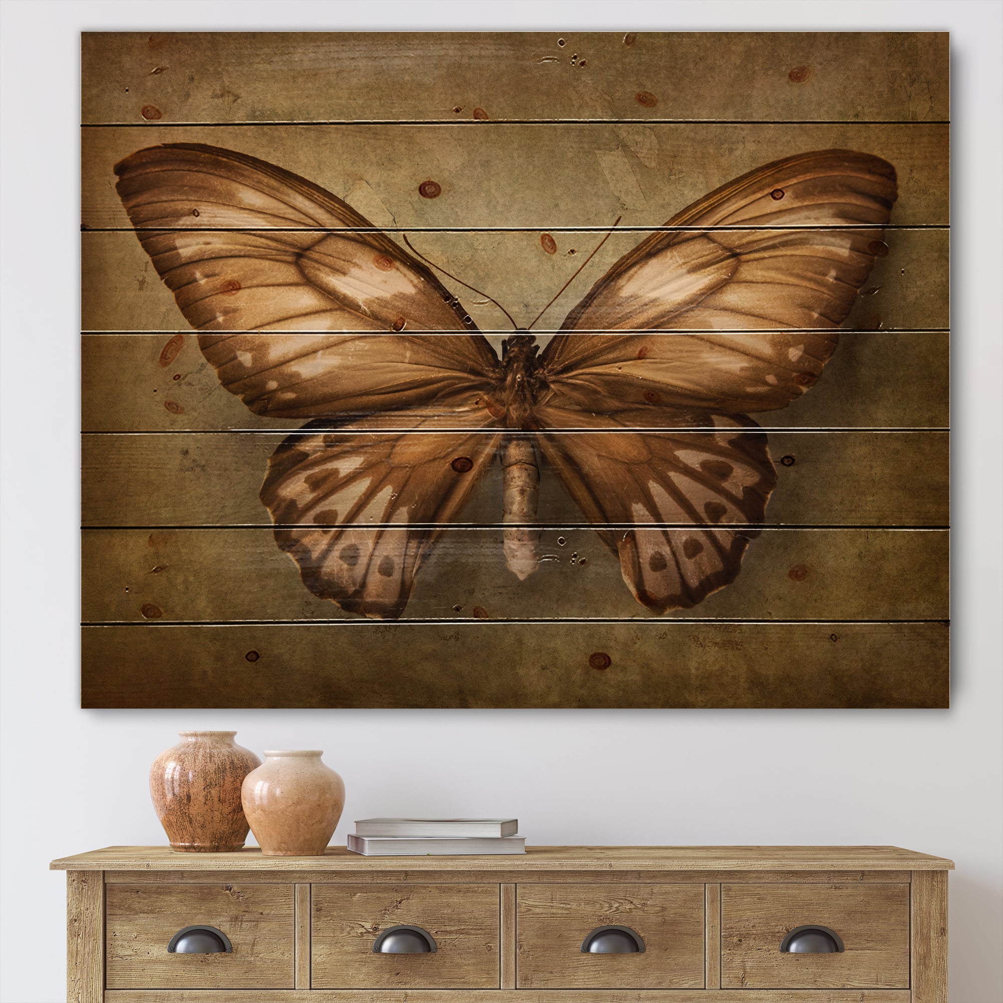 Designart - Vintage Butterfly In Earth Tones - Vintage Print on Natural Pine Wood