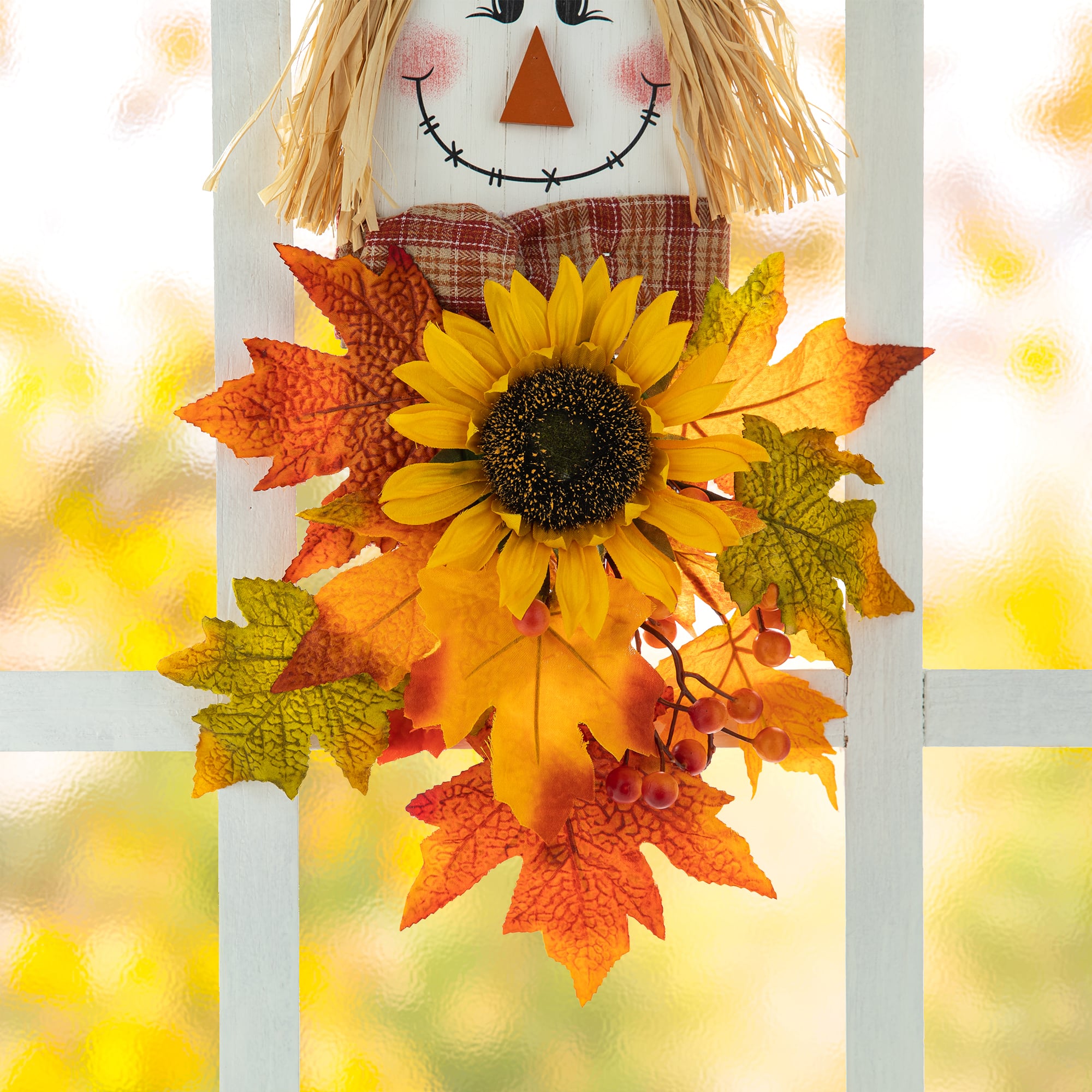 Glitzhome&#xAE; 26&#x22; Fall Wood Scarecrow Floral Door Hanger