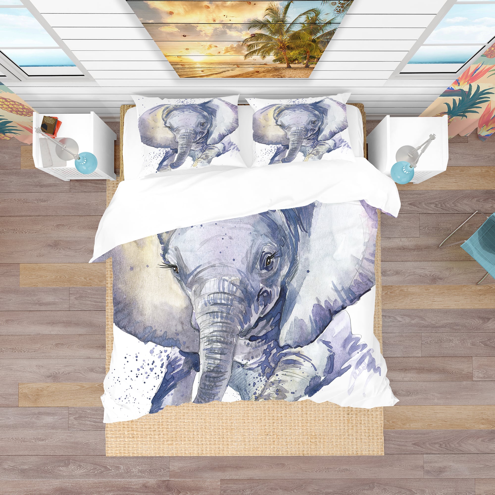 Designart &#x27;Baby Elephant Blue Watercolor&#x27; Tropical Bedding Set - Duvet Cover &#x26; Shams