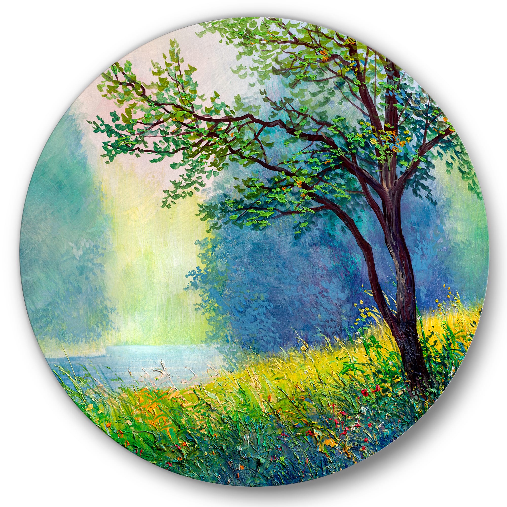 Designart - Summer Forest With River and Waterfall - Traditional Metal Circle Wall Art