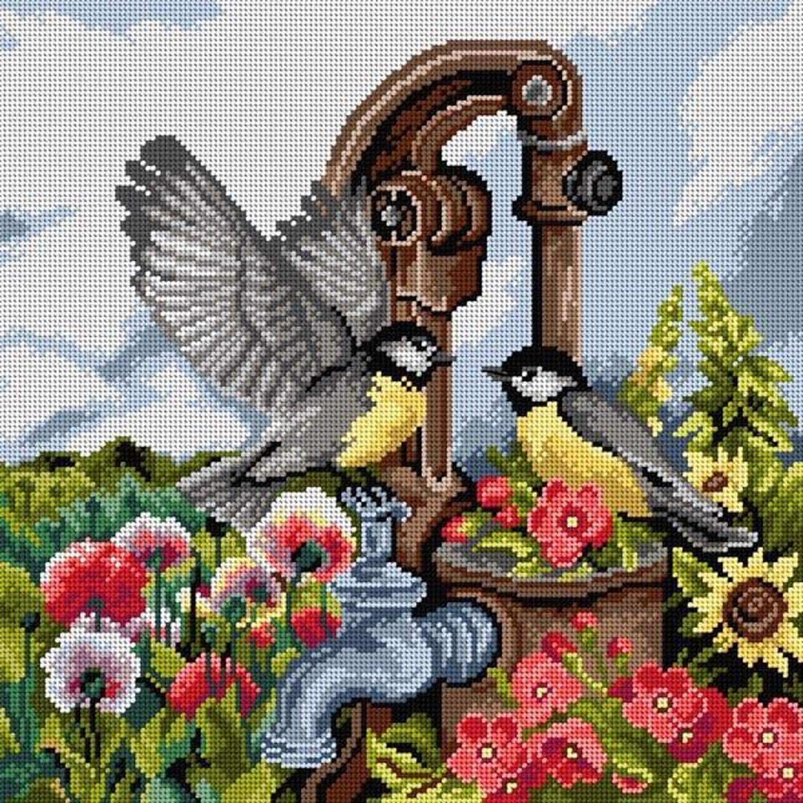 Orchidea Birds at the Hand Pump Gobelin Halfstitch Canvas
