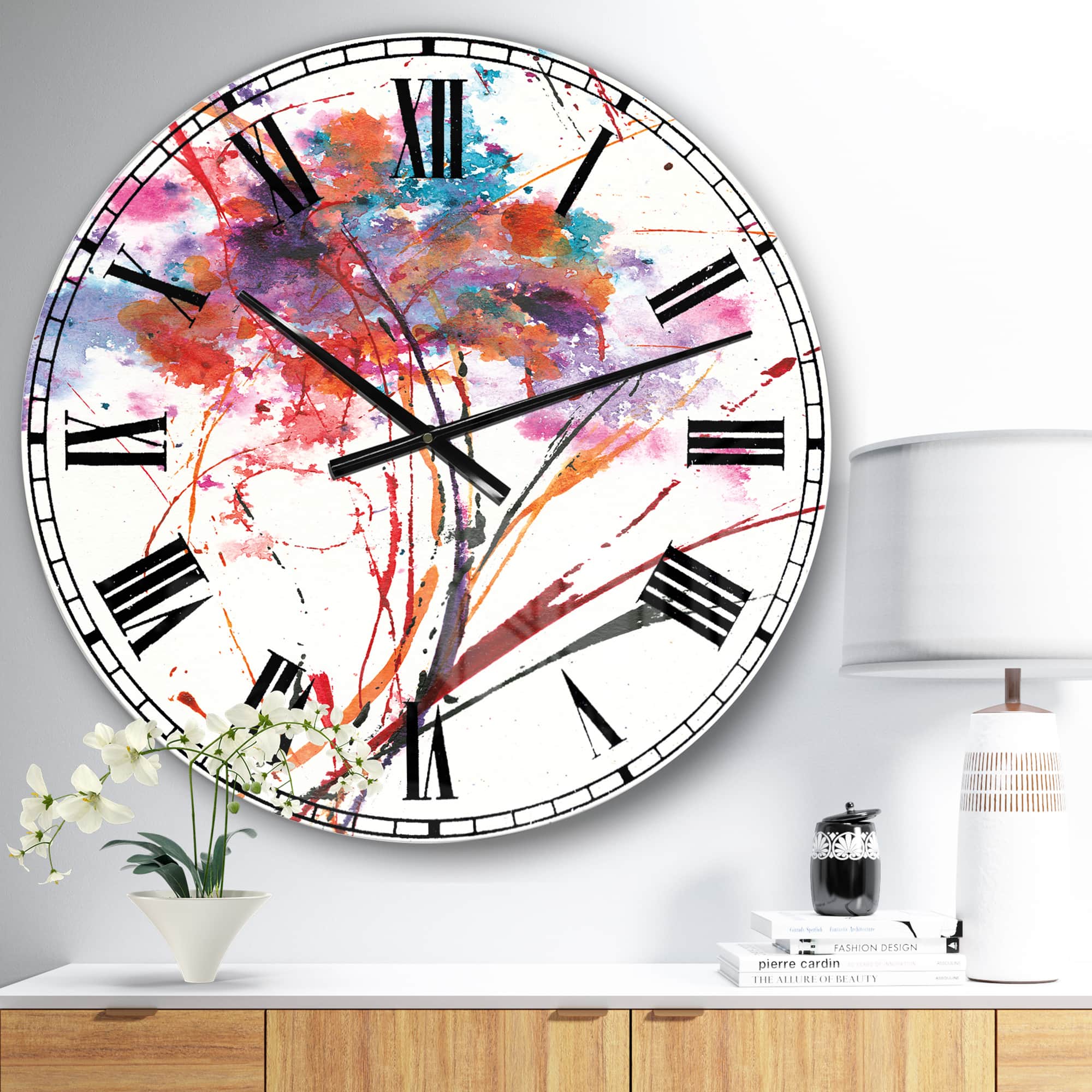 Designart Abstract Handpainted Red Flowers Traditional Wall Clock