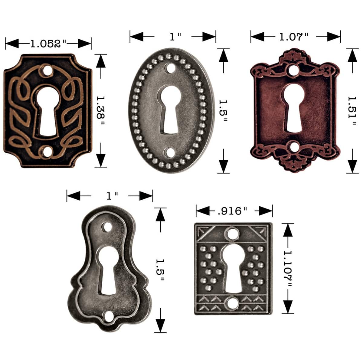 Idea-Ology Metal Keyholes W/Brads .75&#x22;X1&#x22; To 1&#x22;X1.5&#x22; 5/Pkg-Antique Nickel, Brass &#x26; Copper
