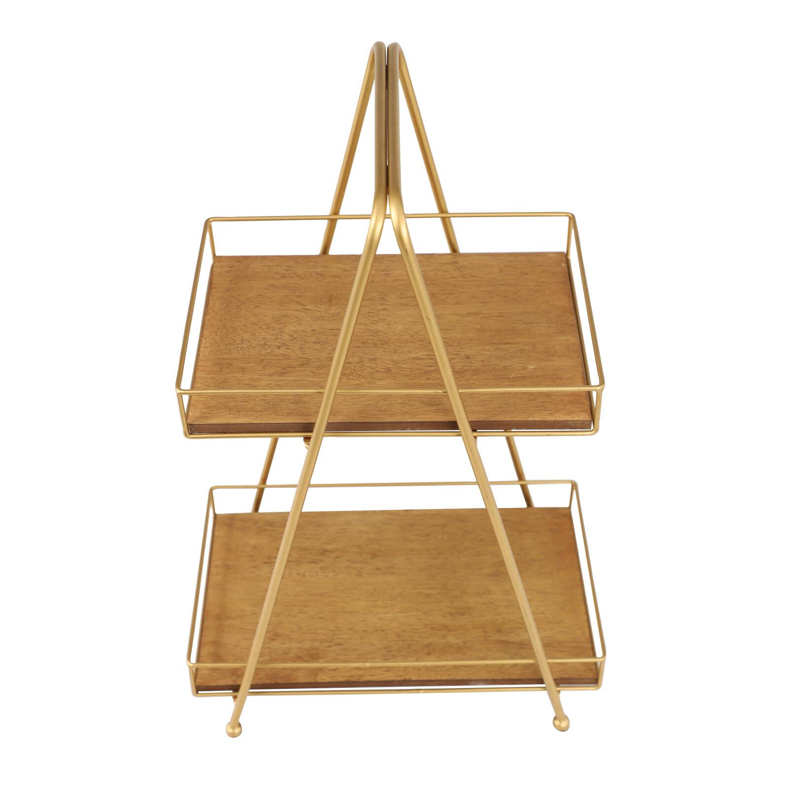 22&#x22; Brown Wood &#x26; Iron 2-Tier Tray Stand