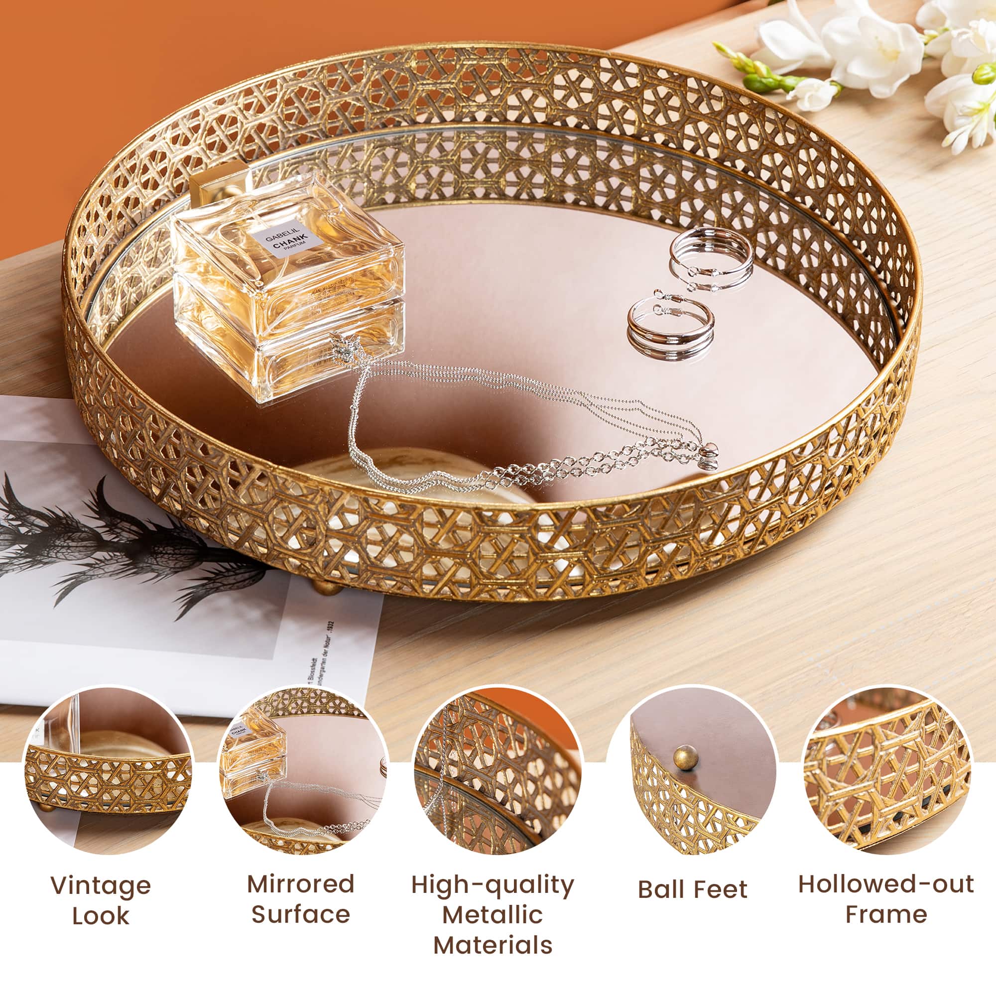 Glitzhome® Gold Round Metal Mirrored Decorative Trays Set