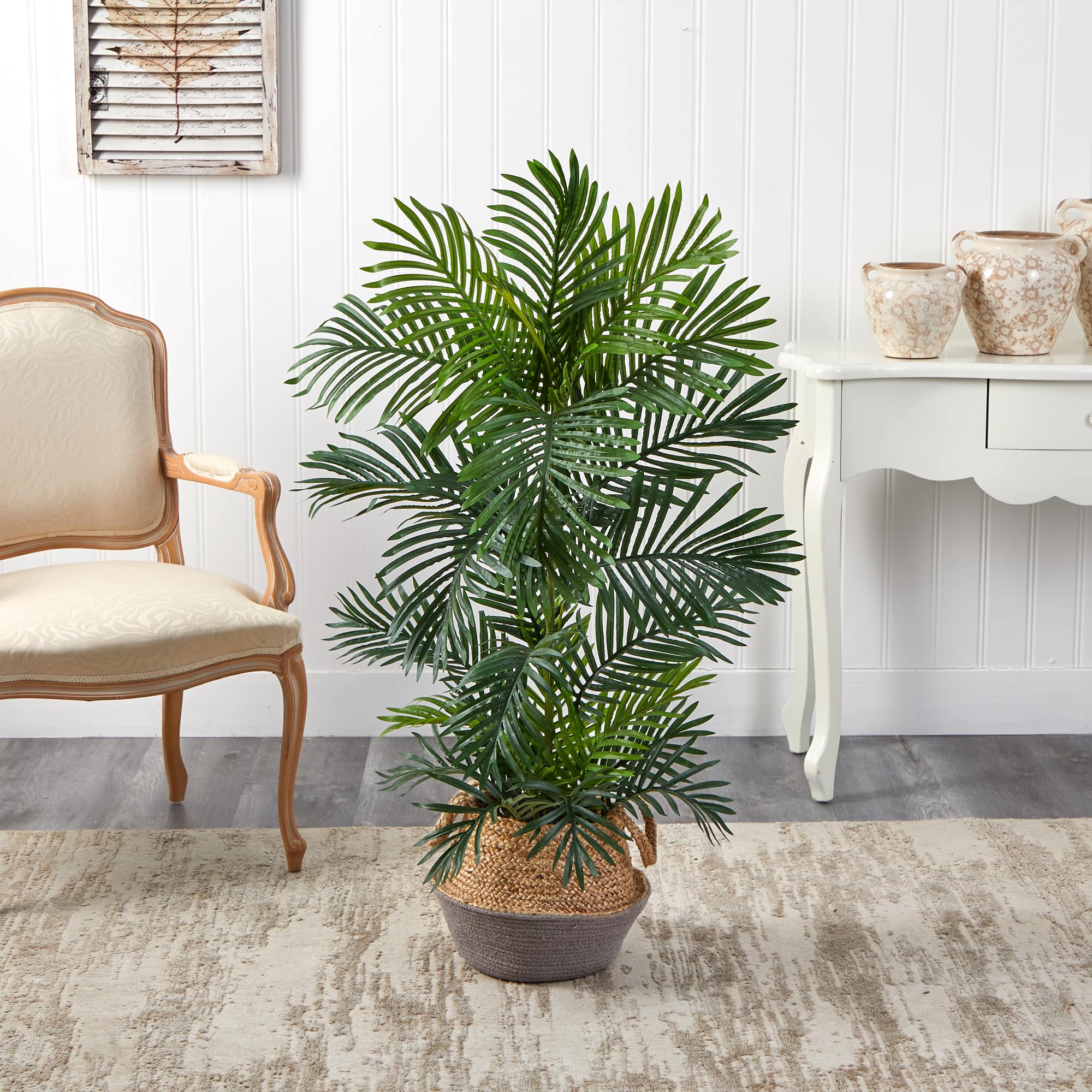 4ft. Areca Artificial Palm Tree in Boho Chic Handmade Cotton &#x26; Jute Gray Woven Planter UV Resistant (Indoor/Outdoor)