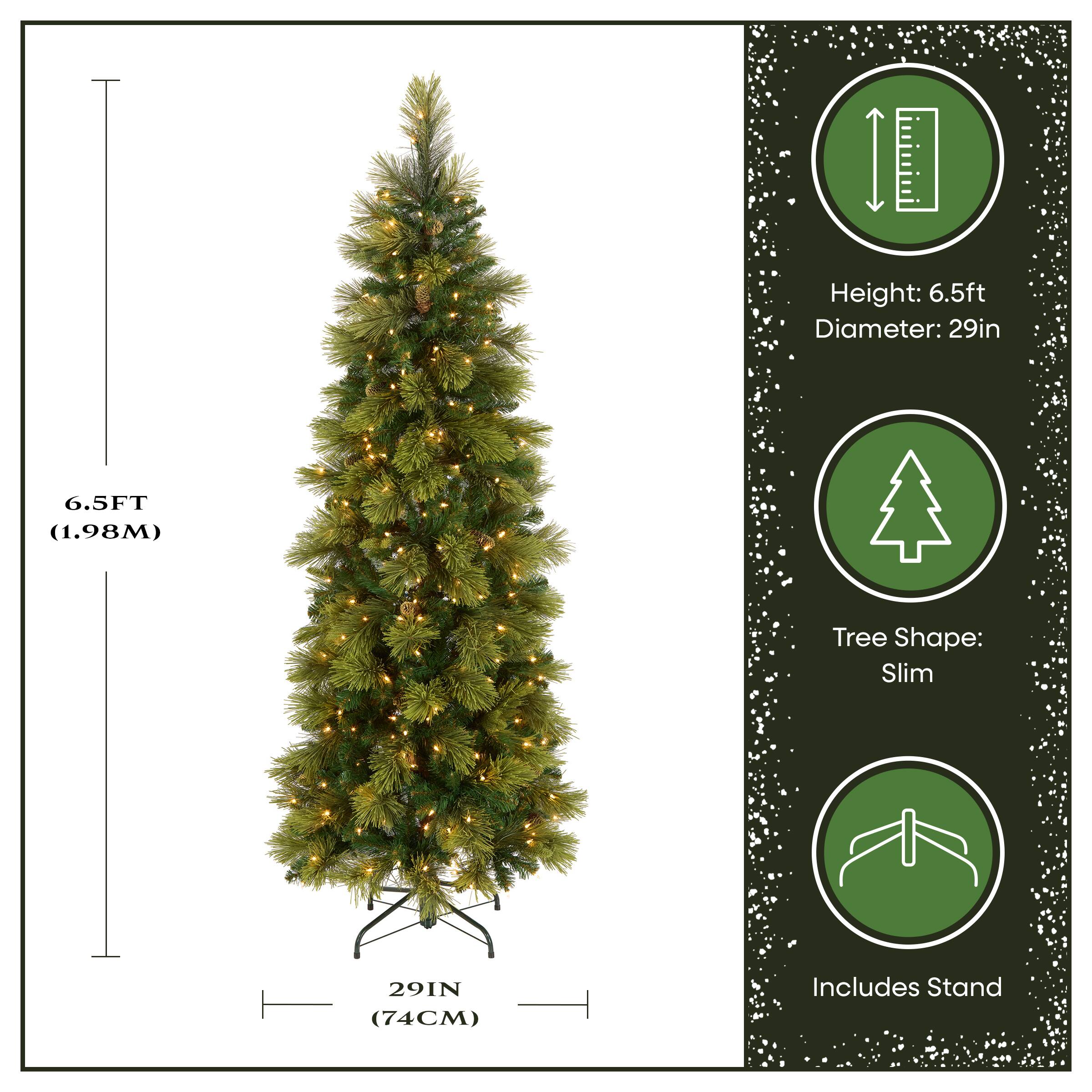 6.5 ft. Pre-Lit Carolina Pine Slim Artificial Christmas Tree with Flocked Pine Cones, Clear Lights