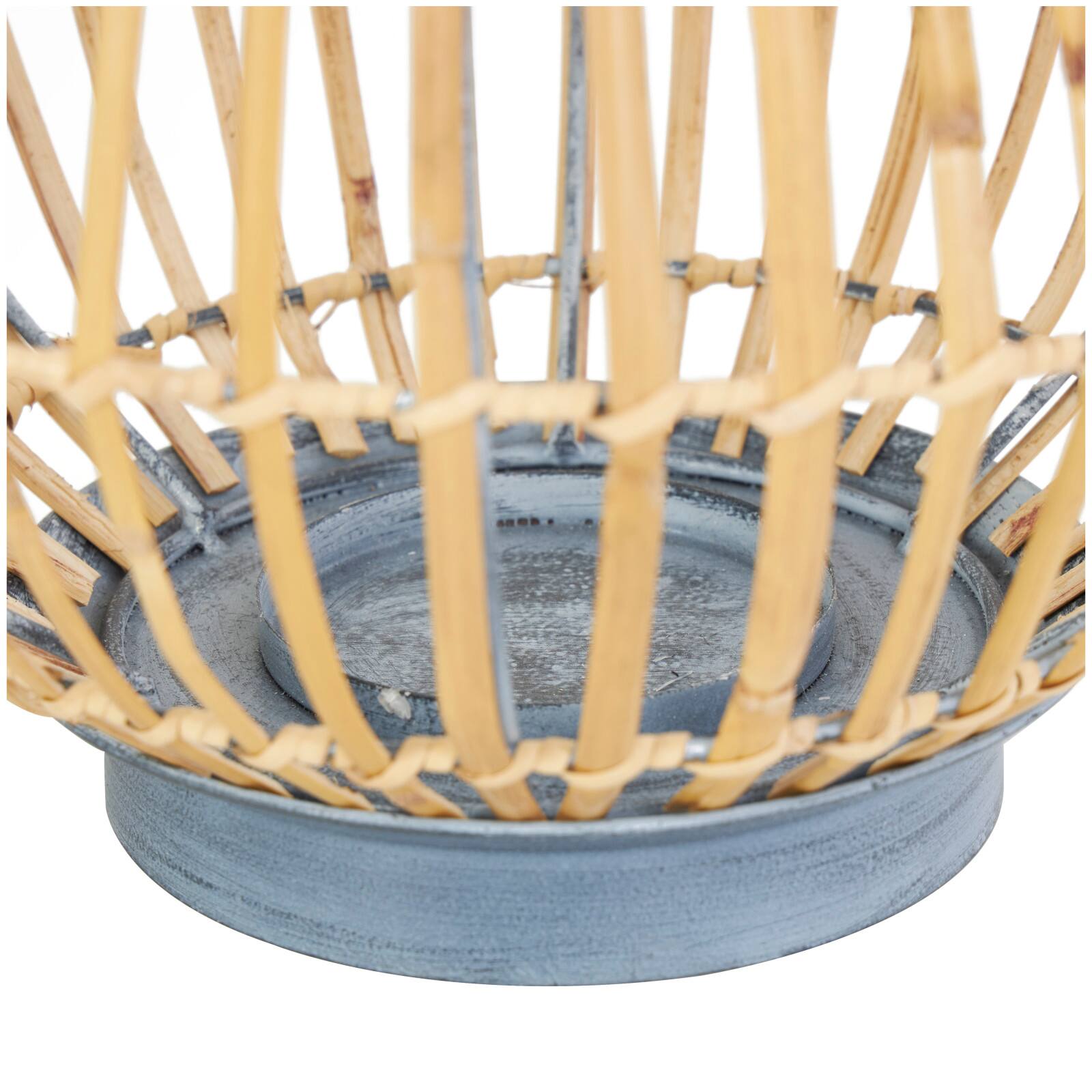 16" Brown Bamboo Handmade Open Framed Candle Lantern with Blue Metal Accents & Handle