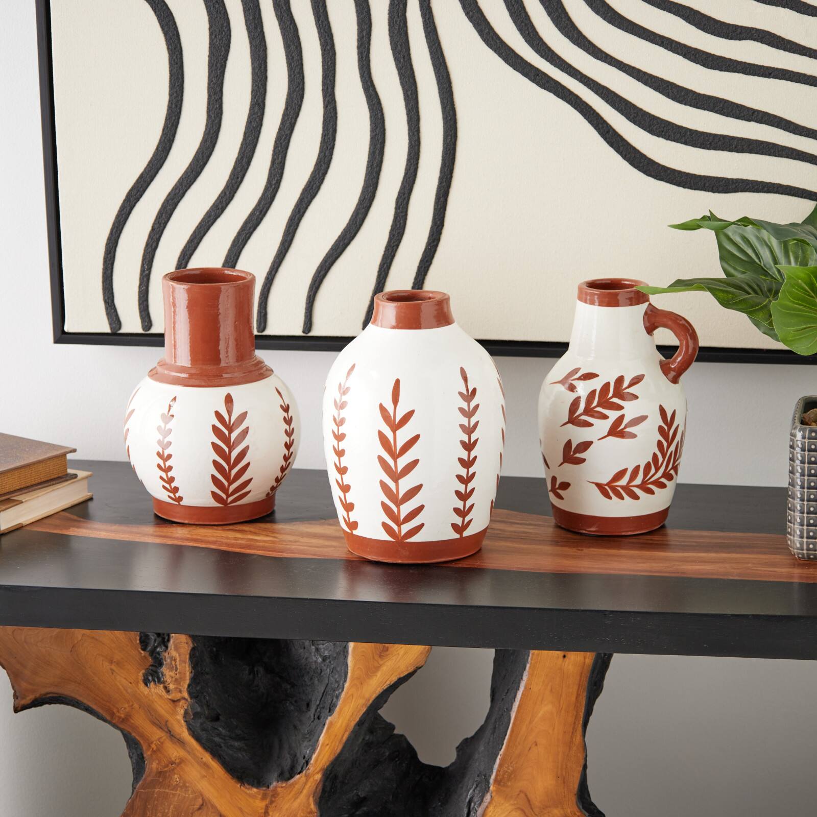White Ceramic Floral Vase with Terracotta Colored Detailing Set