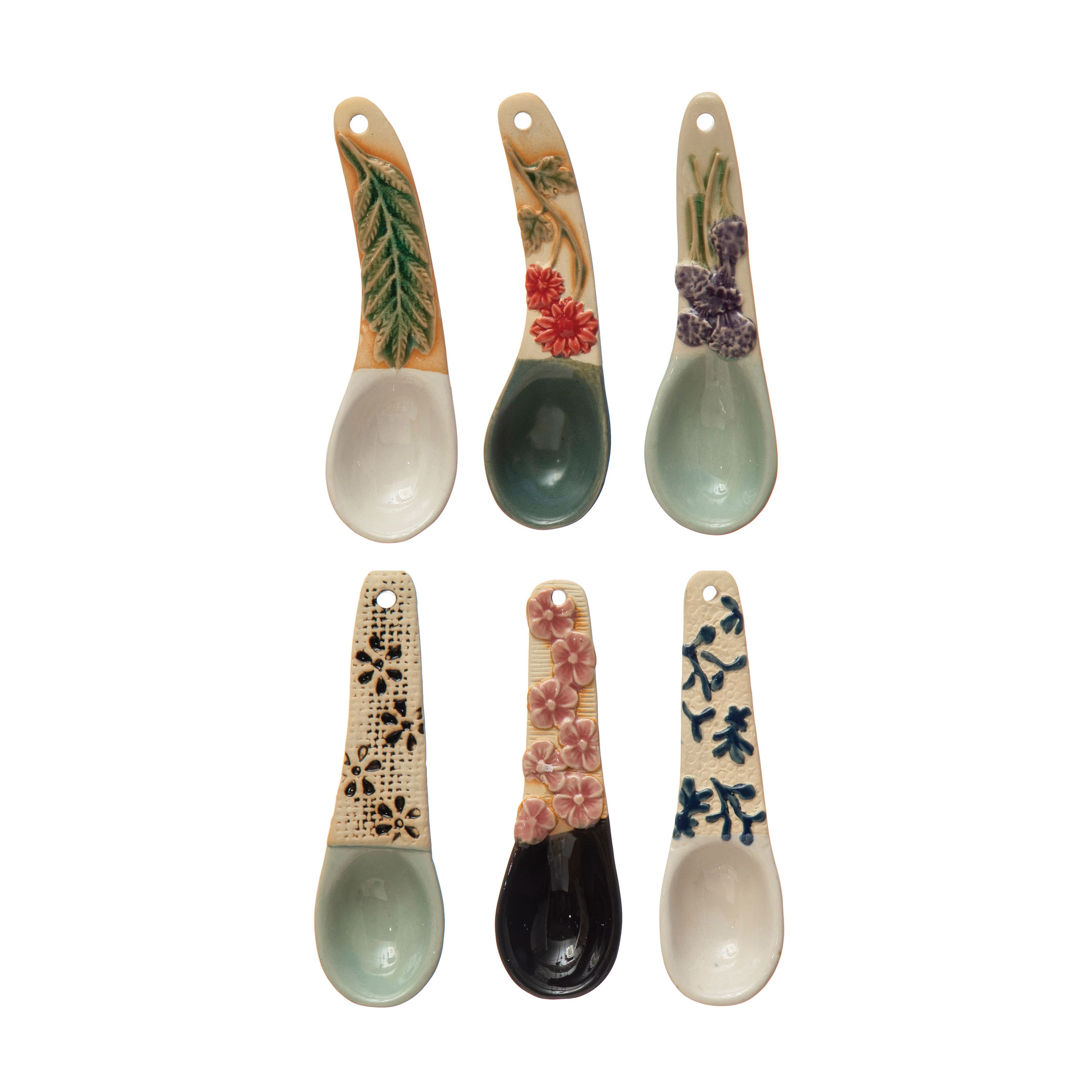 4&#x22; Hand-Painted Stoneware Spoons with Floral Design Handles Set