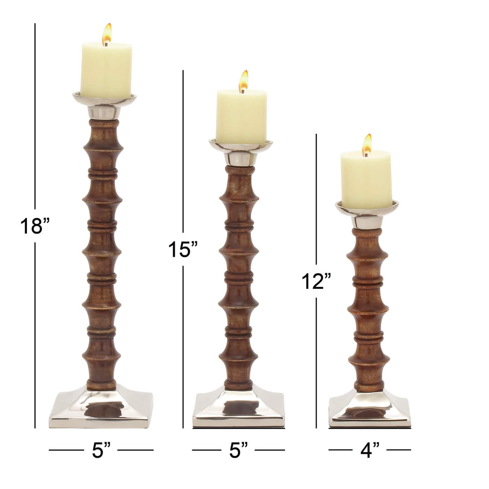 Brown Wood &#x26; Aluminum Pillar Candle Holder Set