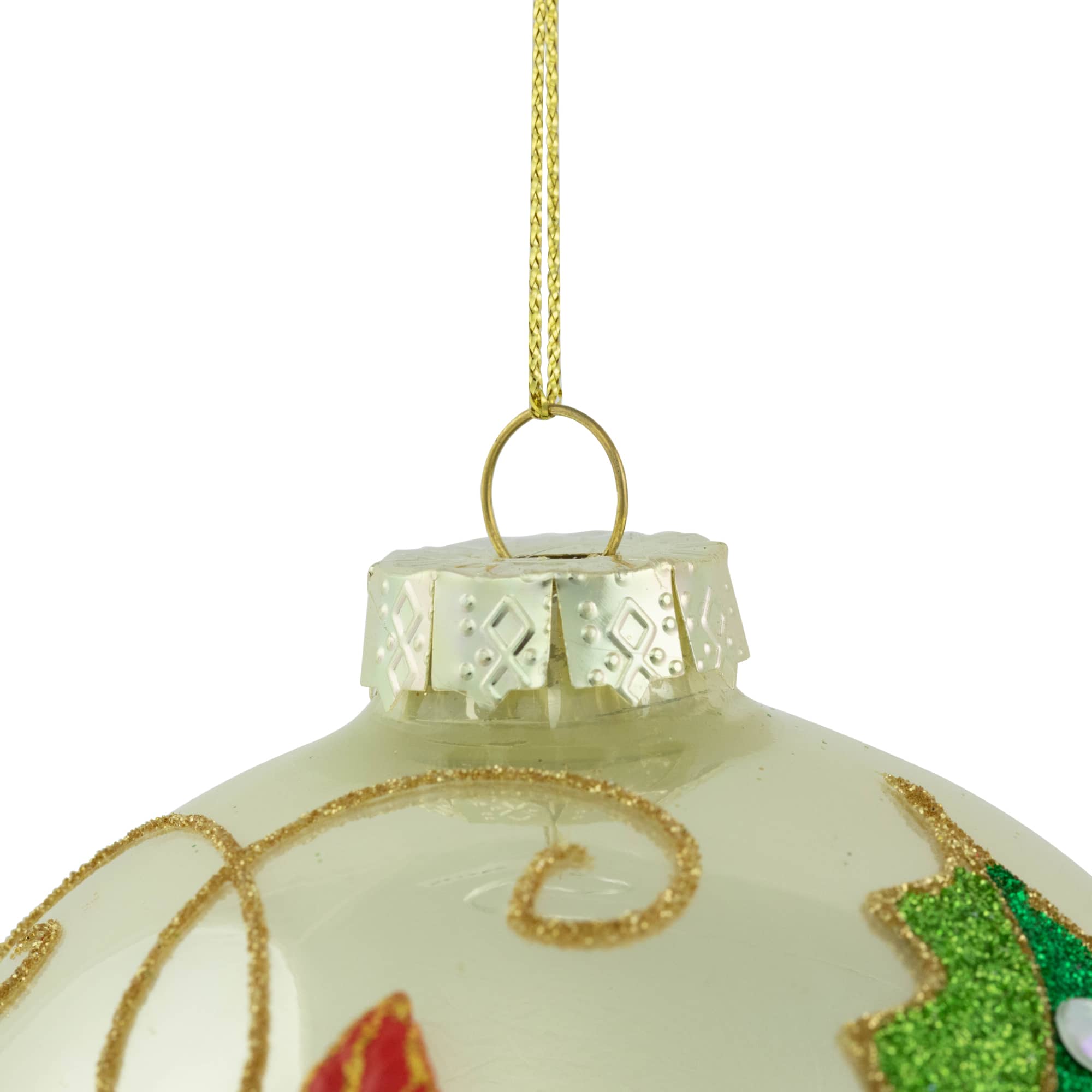 4" Red Glittered 2-D Poinsettia Glass Ball Ornament