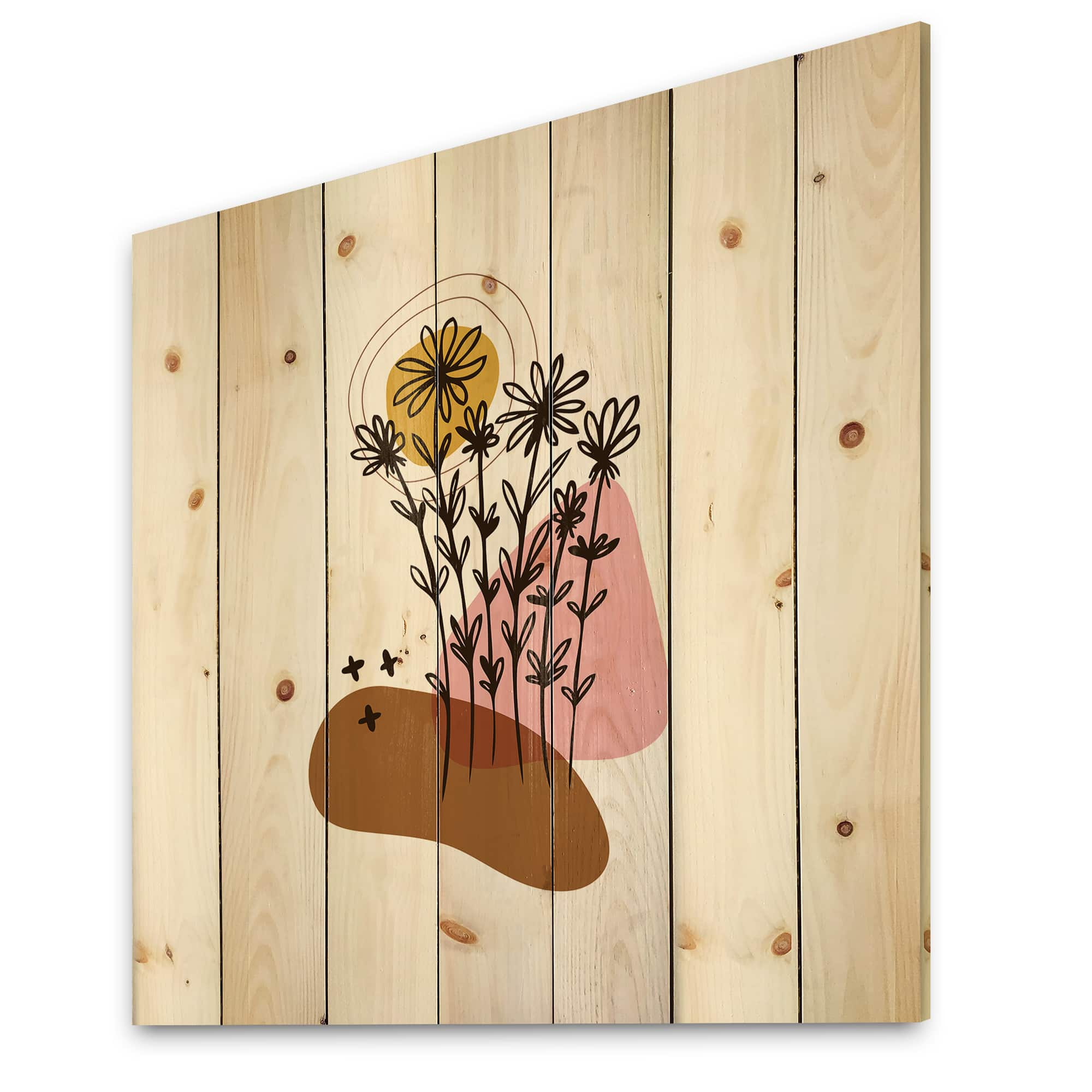 Designart - Elementary Shapes With Abstract Flowers Plants I - Modern Print on Natural Pine Wood