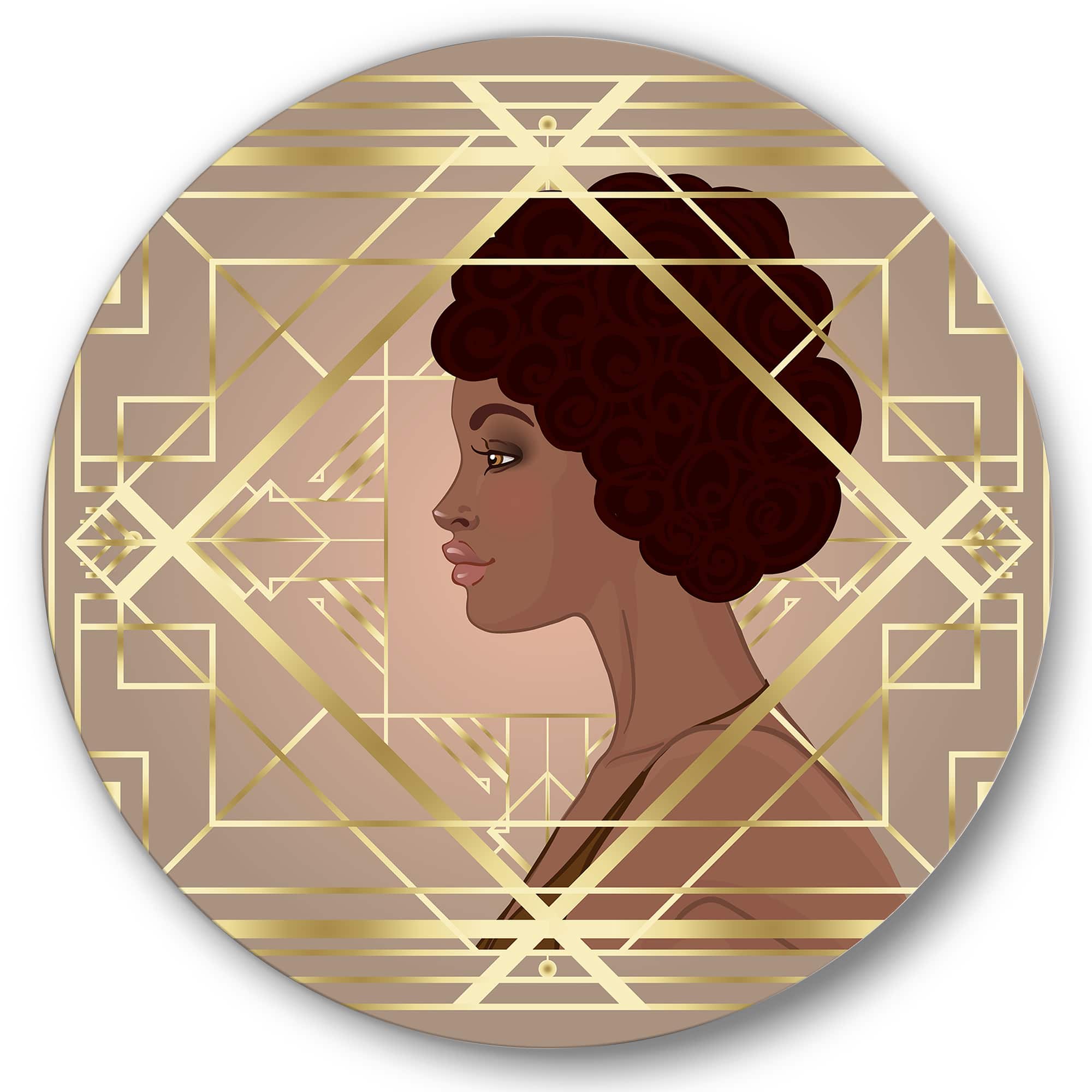 Designart - Retro Women In Golden Art Deco Geometrics II - Modern Metal Circle Wall Art