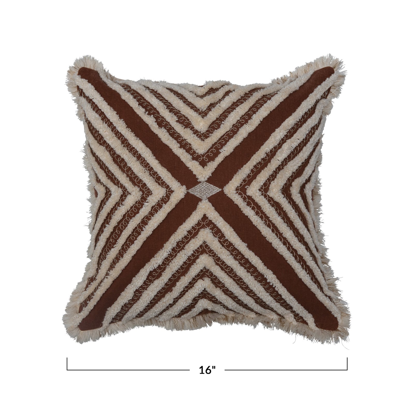 Rustic Boho X-Pattern Pillow with Fringe &#x26; Metallic Embroidered Accents