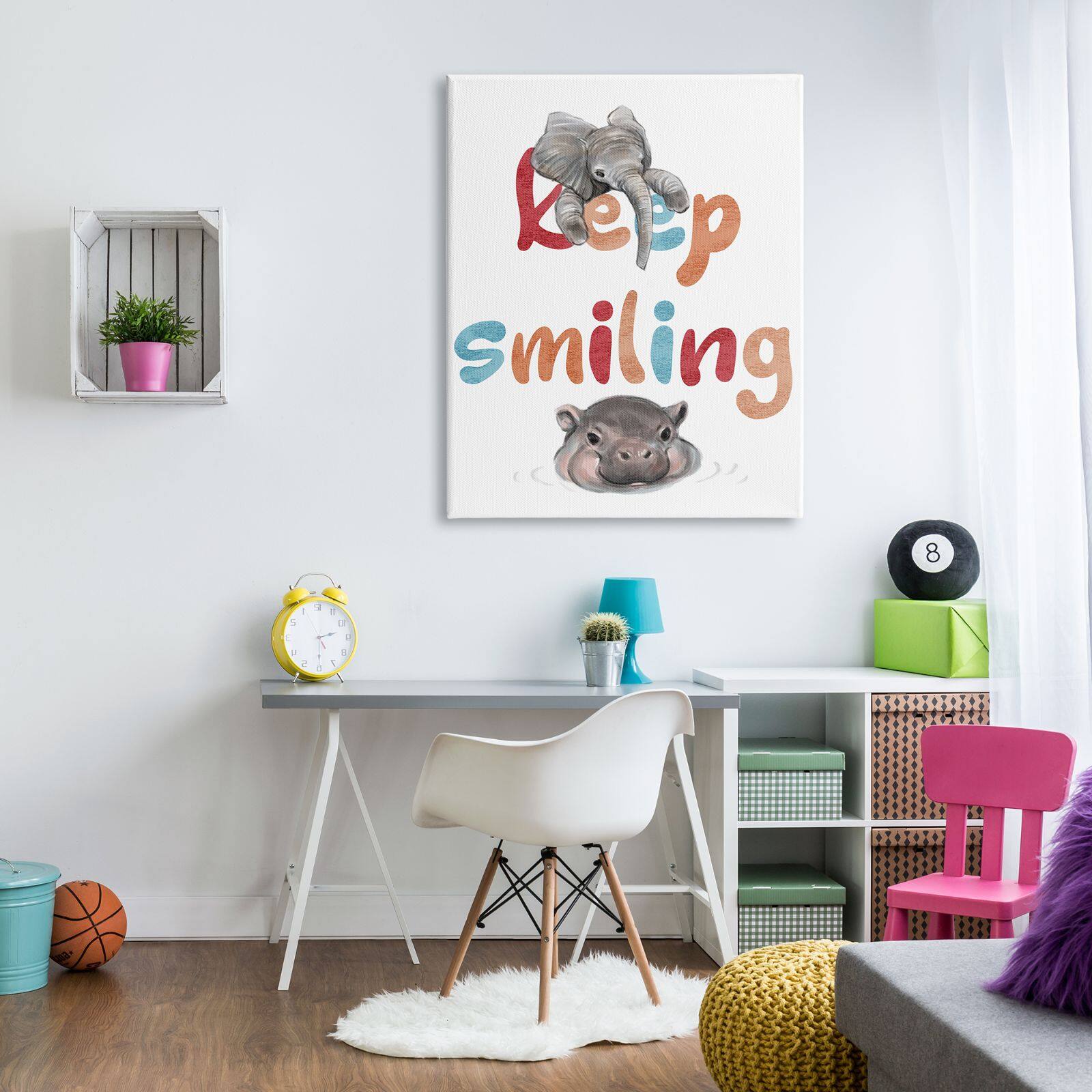 Stupell Industries Keep Smiling Motivational Children&#x27;s Phrase Baby Elephant Hippo Canvas Wall Art