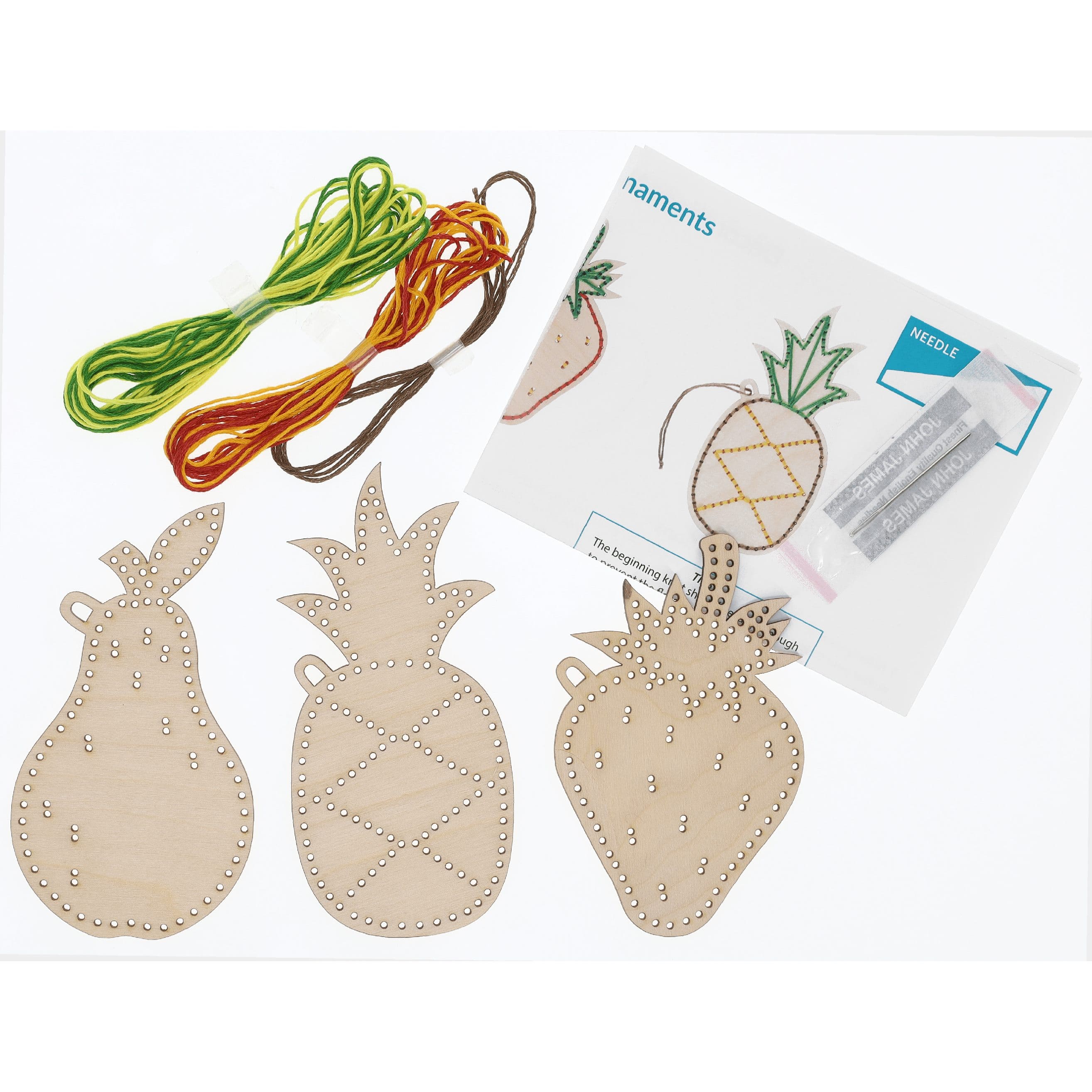 Leisure Arts&#xAE; Beginner Fruit Shapes 3 Piece Wood Stitchery Ornament Kit