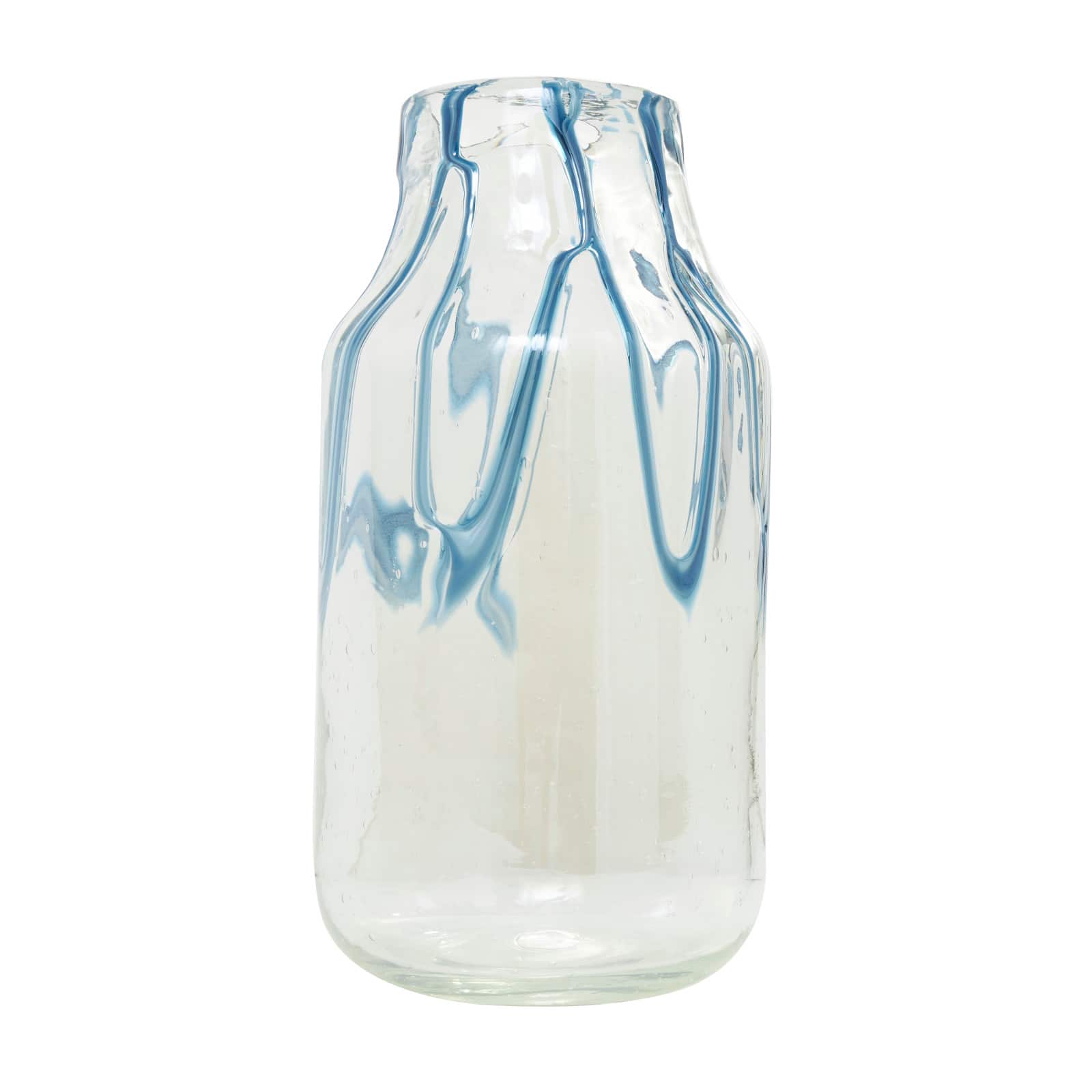 13" Cream with Wavy Blue Design Abstract Glass Vase