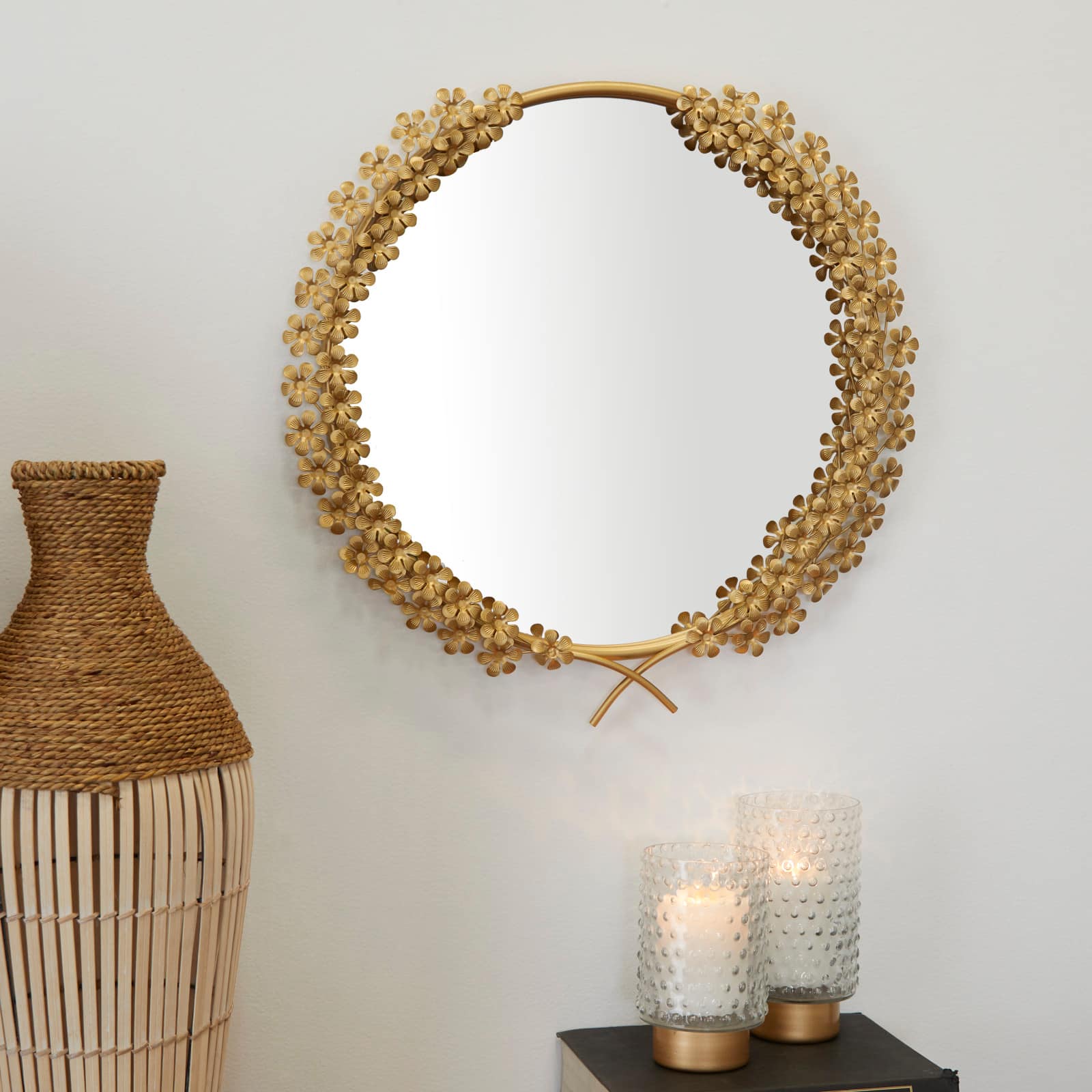 CosmoLiving by Cosmopolitan Gold Metal 3D Floral Wall Mirror 22&#x22; x 2&#x22; x 22&#x22;