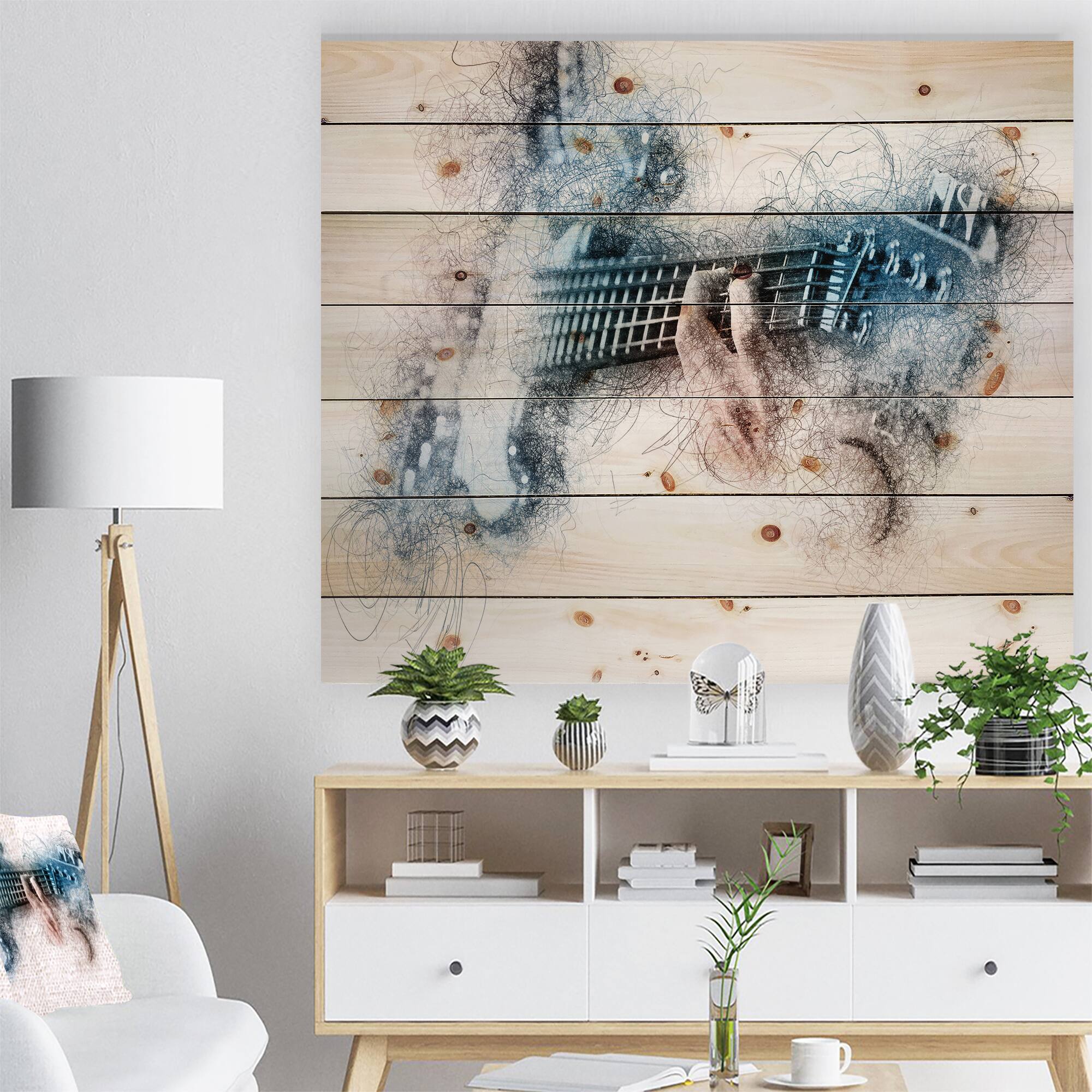 Designart - Man Playing A Guitar Watercolor - Contemporary Print on Natural Pine Wood
