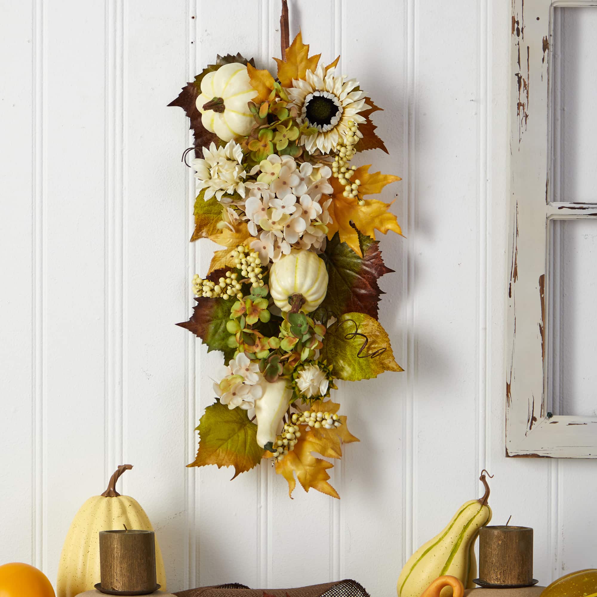 33&#x22; Sunflower, Hydrangea &#x26; White Pumpkin Autumn Teardrop Swag