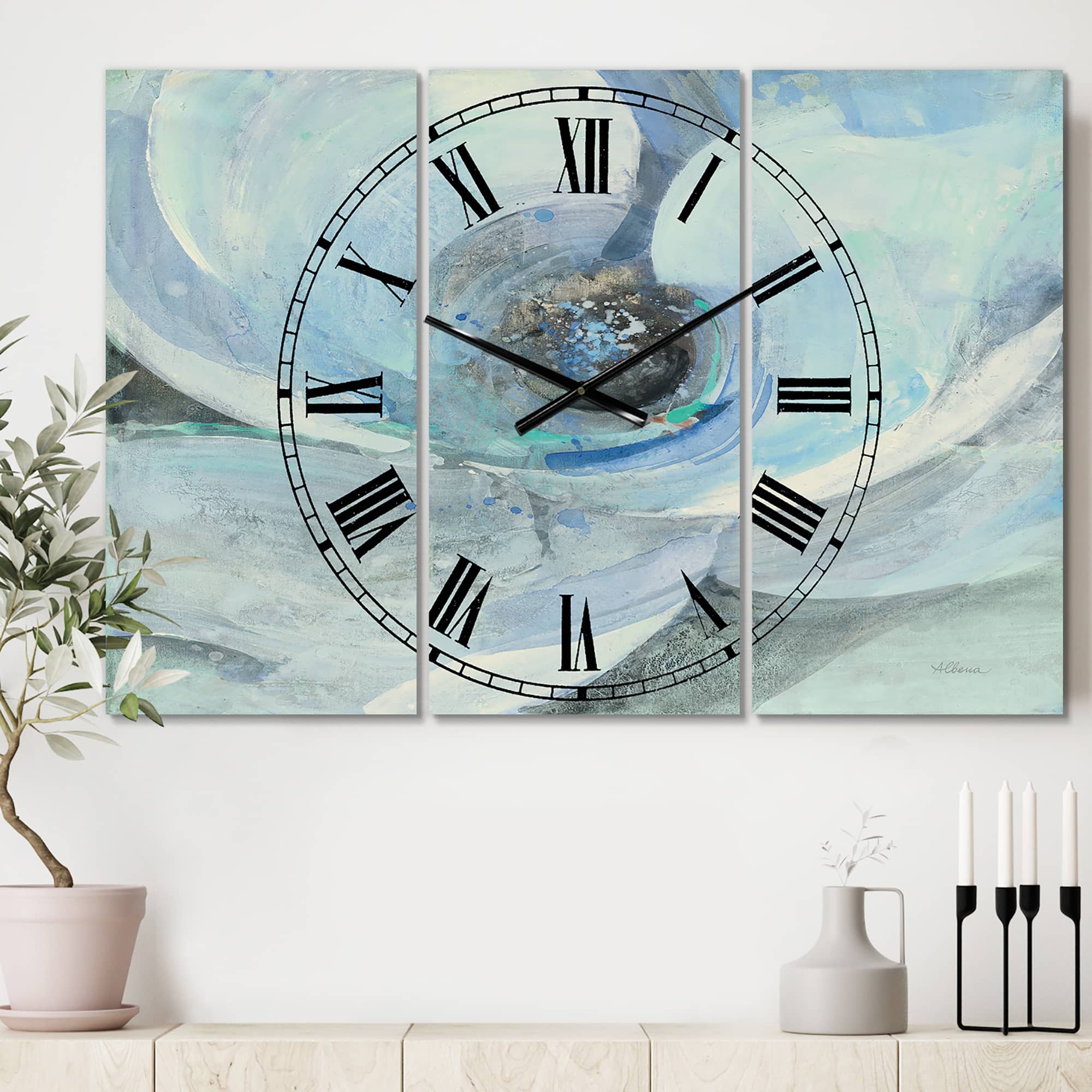 Designart Moonlight Magnolia Farmhouse Watercolor 3 Panel Wall Clock
