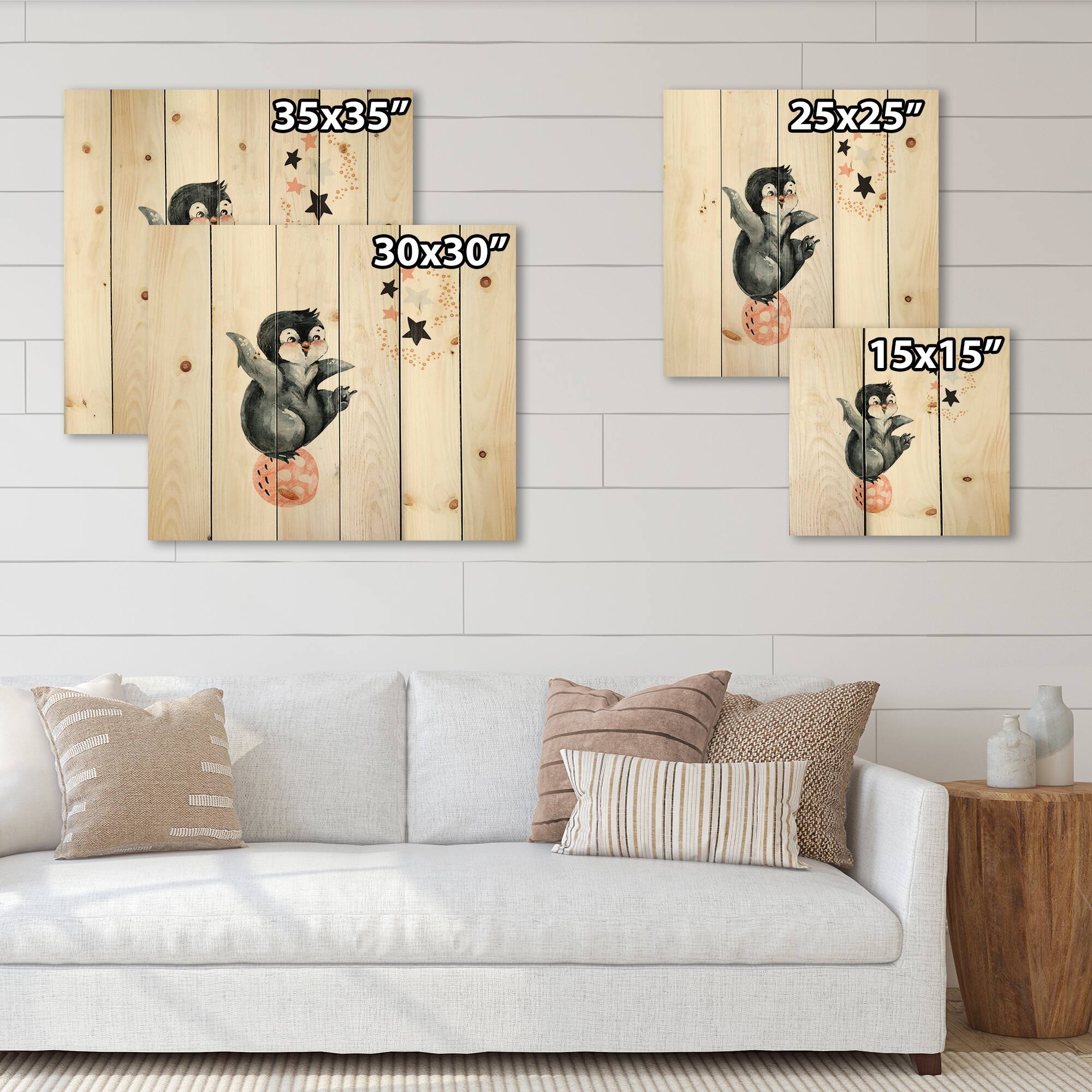 Designart - Little Penguin With Stars and Planets II - Farmhouse Print on Natural Pine Wood