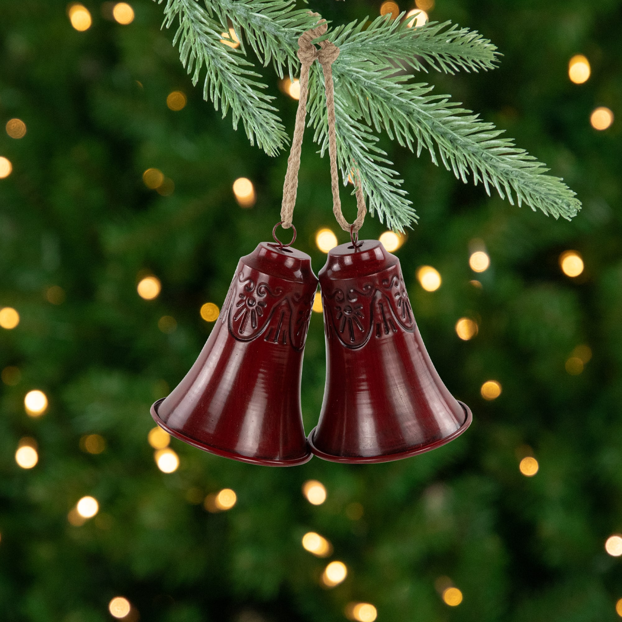 Embossed Christmas Bell Ornaments - 6" - Burgundy - Set of 2