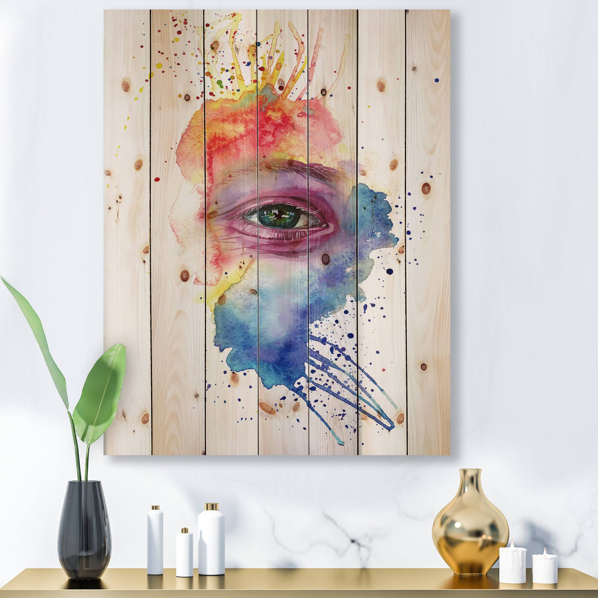 Designart - Detail of Eye In Multi-Colored Face Portrait - Bohemian &#x26; Eclectic Print on Natural Pine Wood