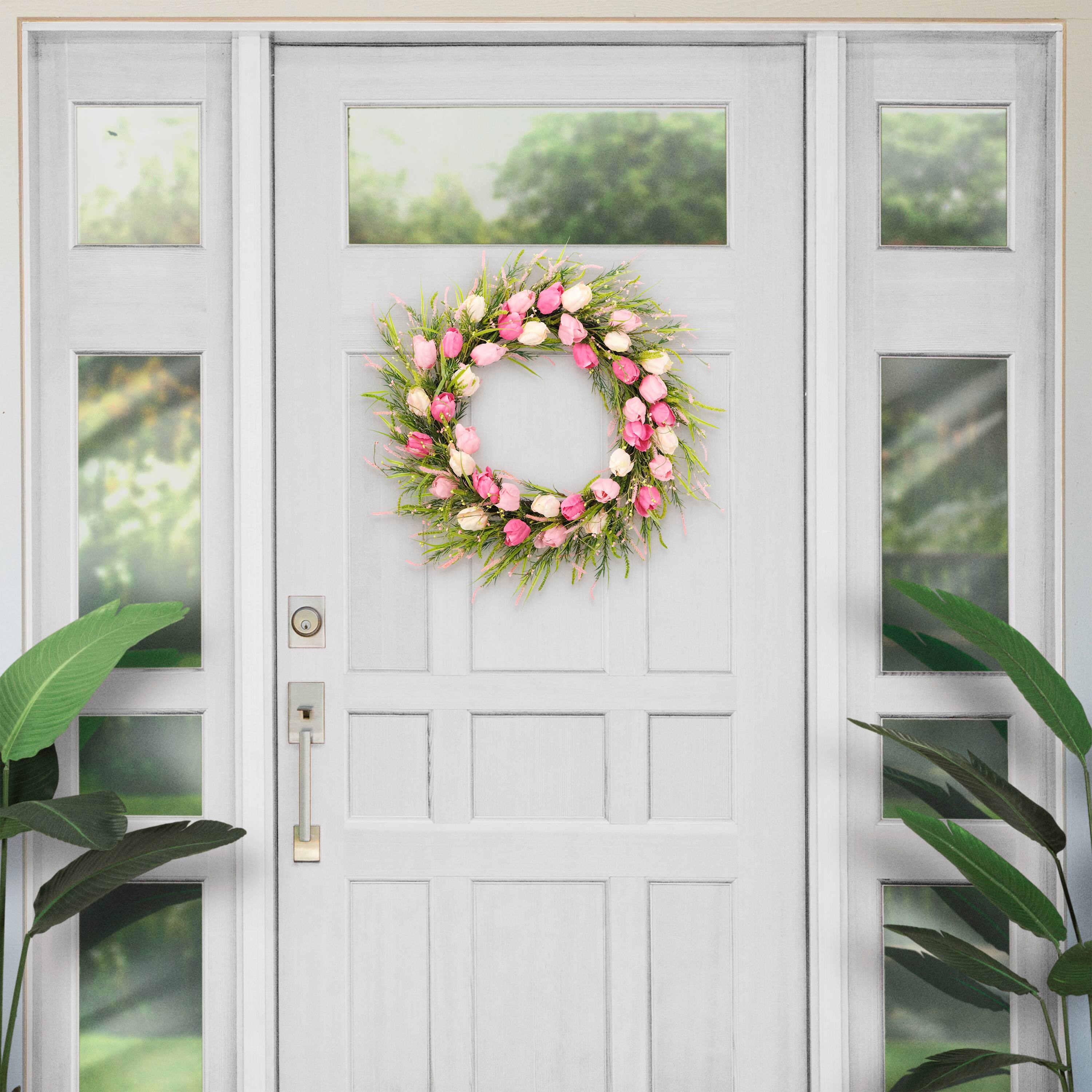 30&#x27;&#x27; Green and Pink Tulip Floral Spring Wreath