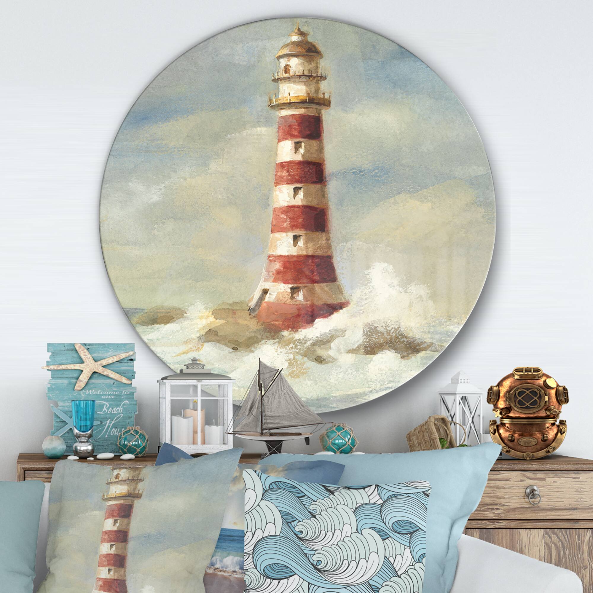 Designart - Ocean Lighthouse - Nautical &#x26; Coastal Metal Circle Wall Art