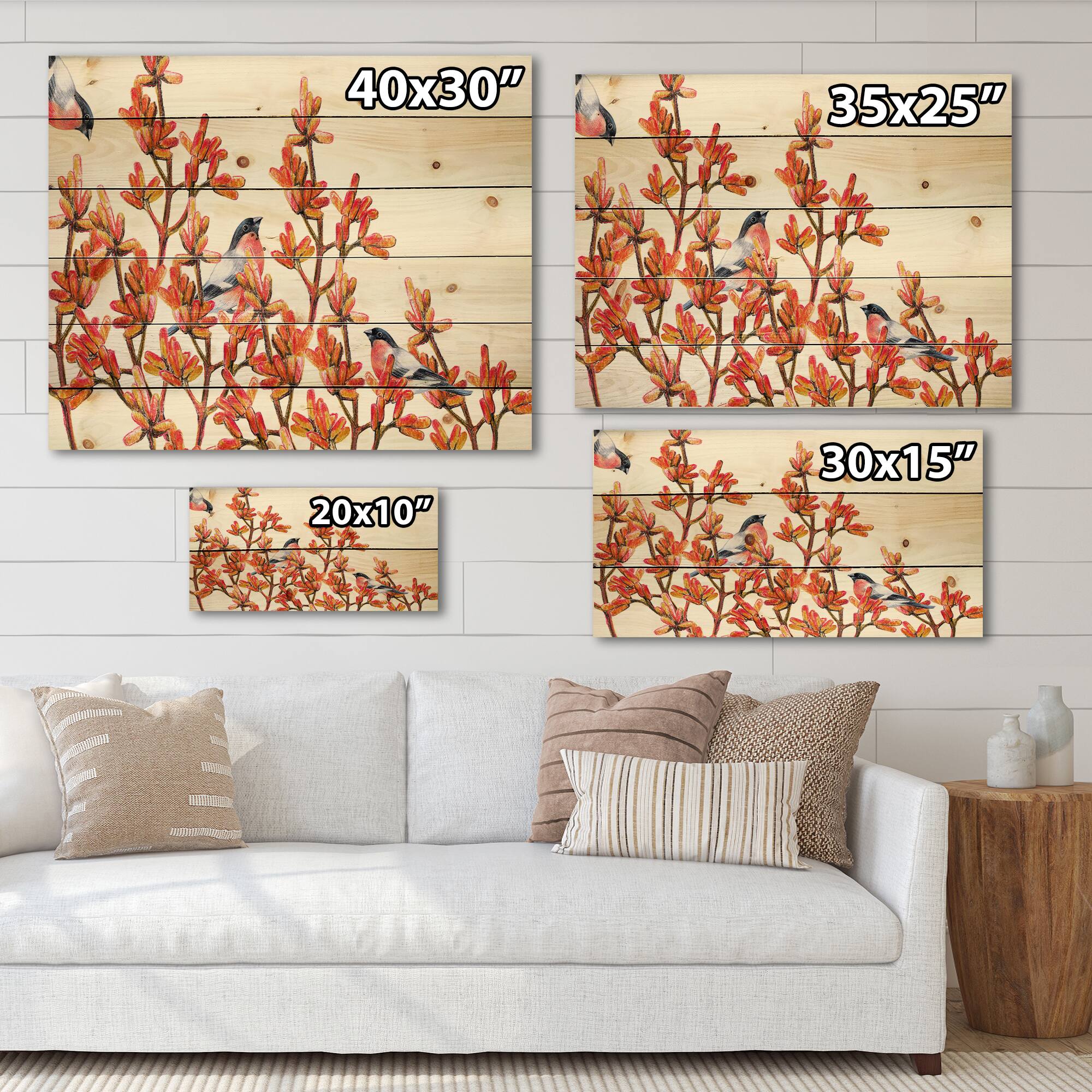 Designart - Flock of Bullfinches Birds on Orange Branches