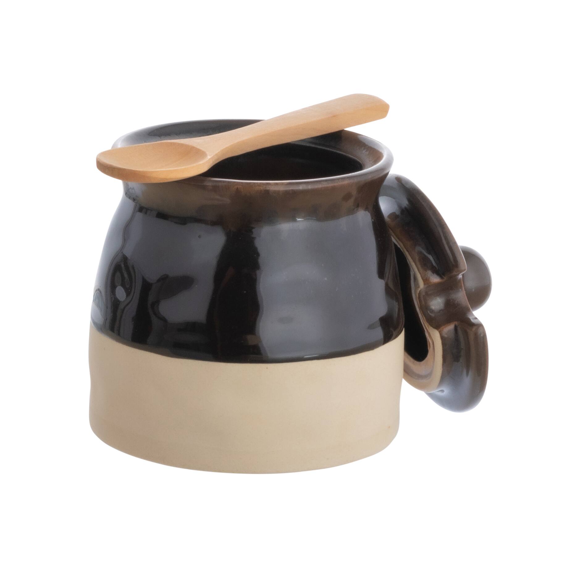 4.4&#x22; Black Stoneware Sugar Pot with Lid &#x26; Wood Spoon