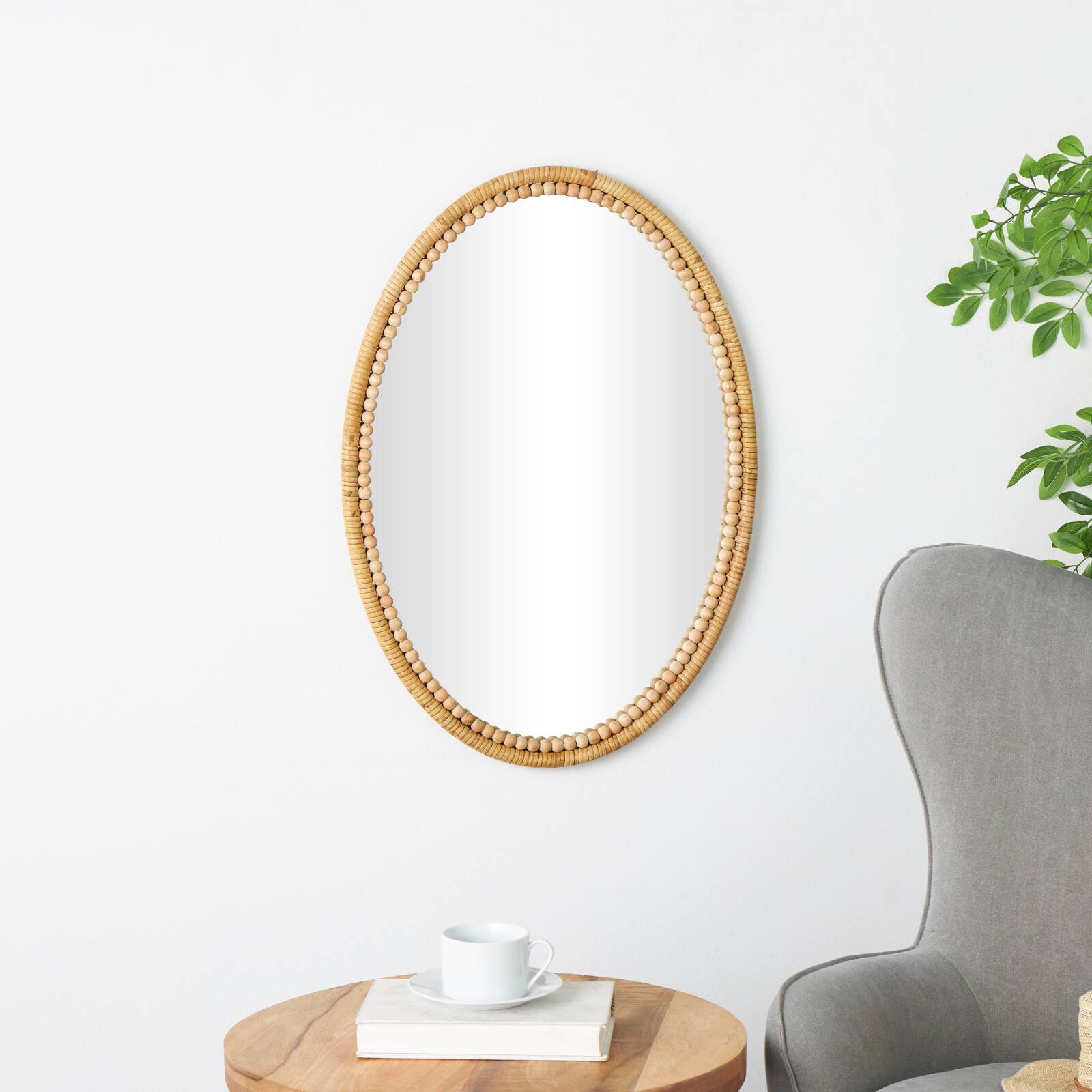 28&#x22; Brown Bamboo Wrapped Oval Wall Mirror with Beaded Frame D&#xE9;cor