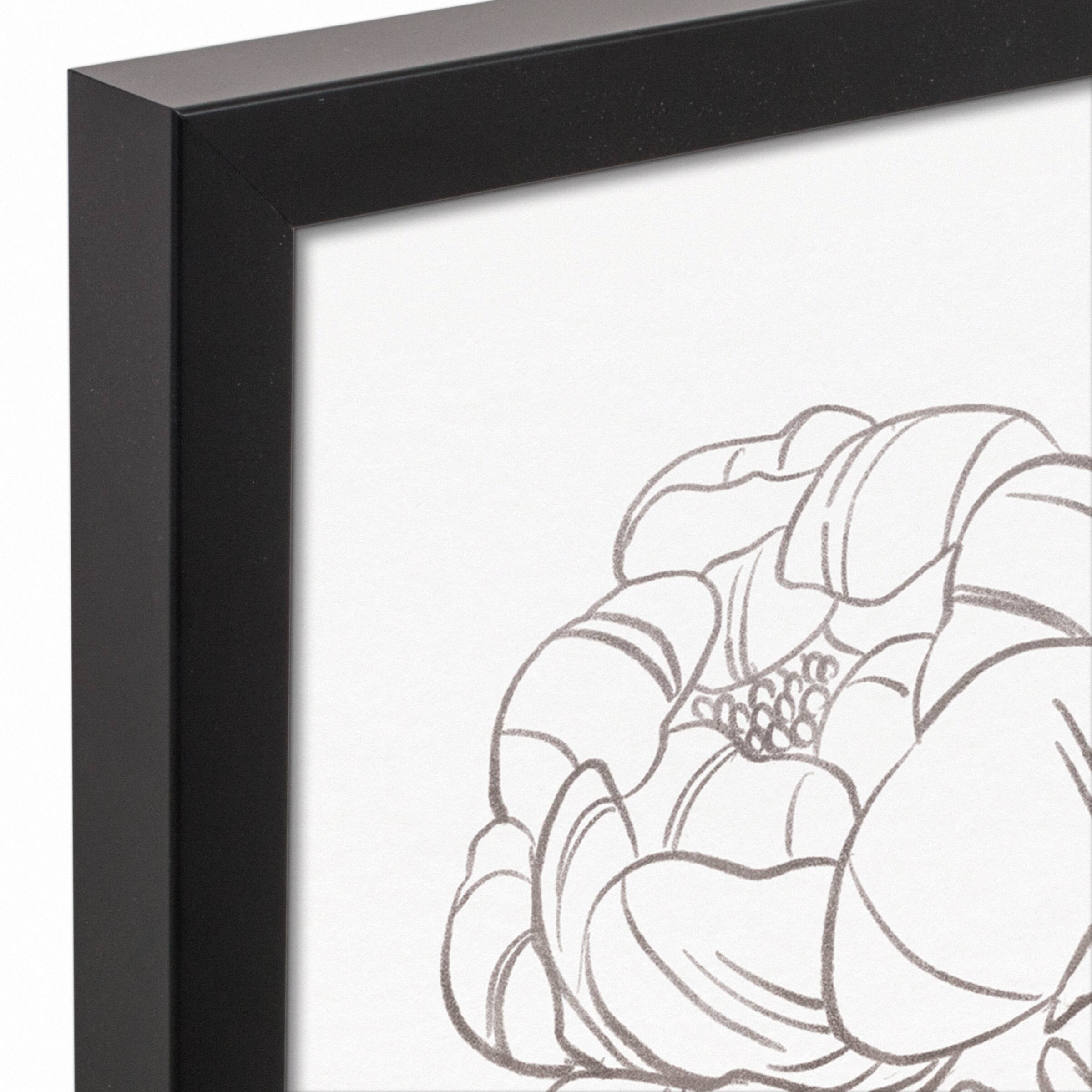 Gray Peony Sketch Black Framed Canvas