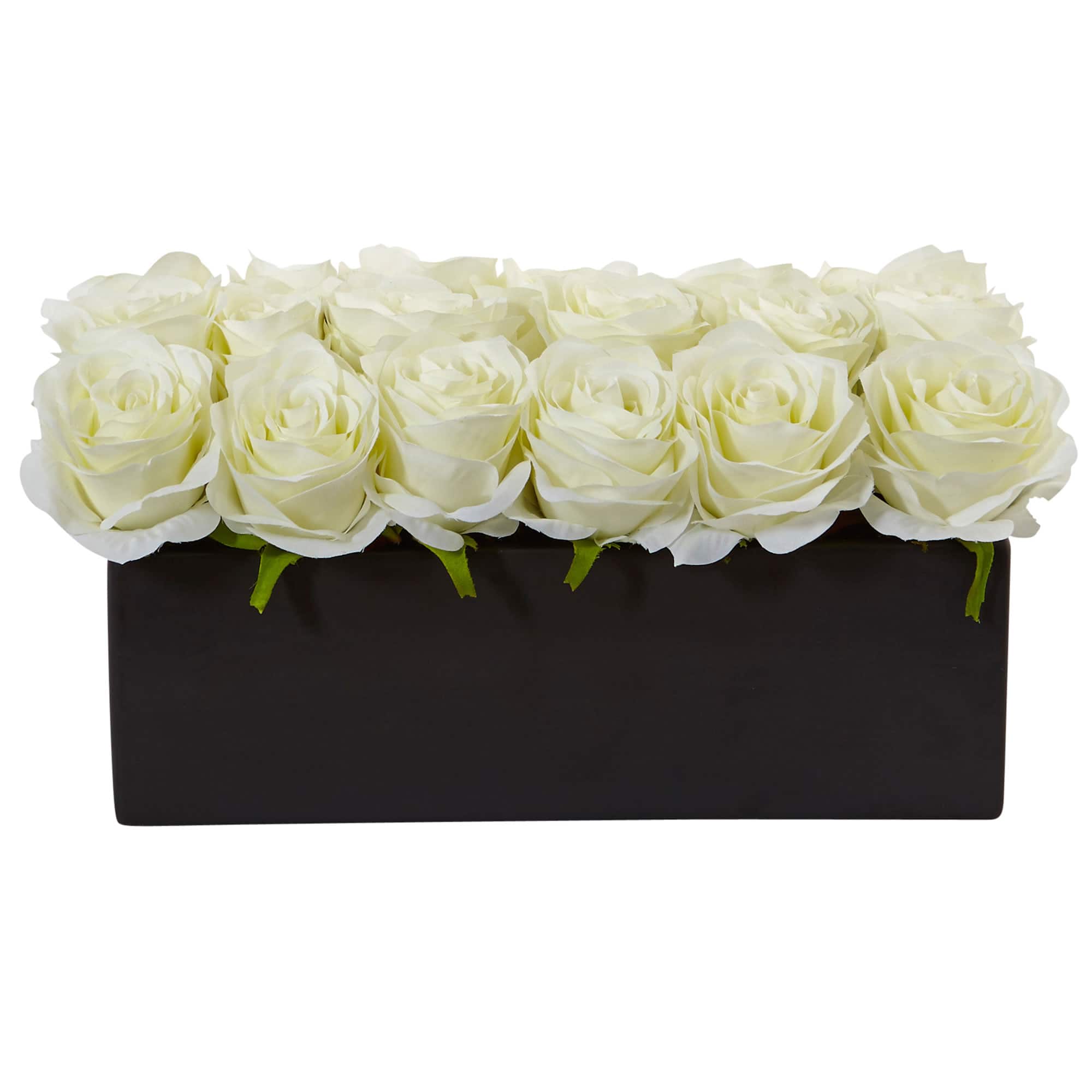 6&#x22; White Dozen Roses in Black Rectangular Ceramic Planter