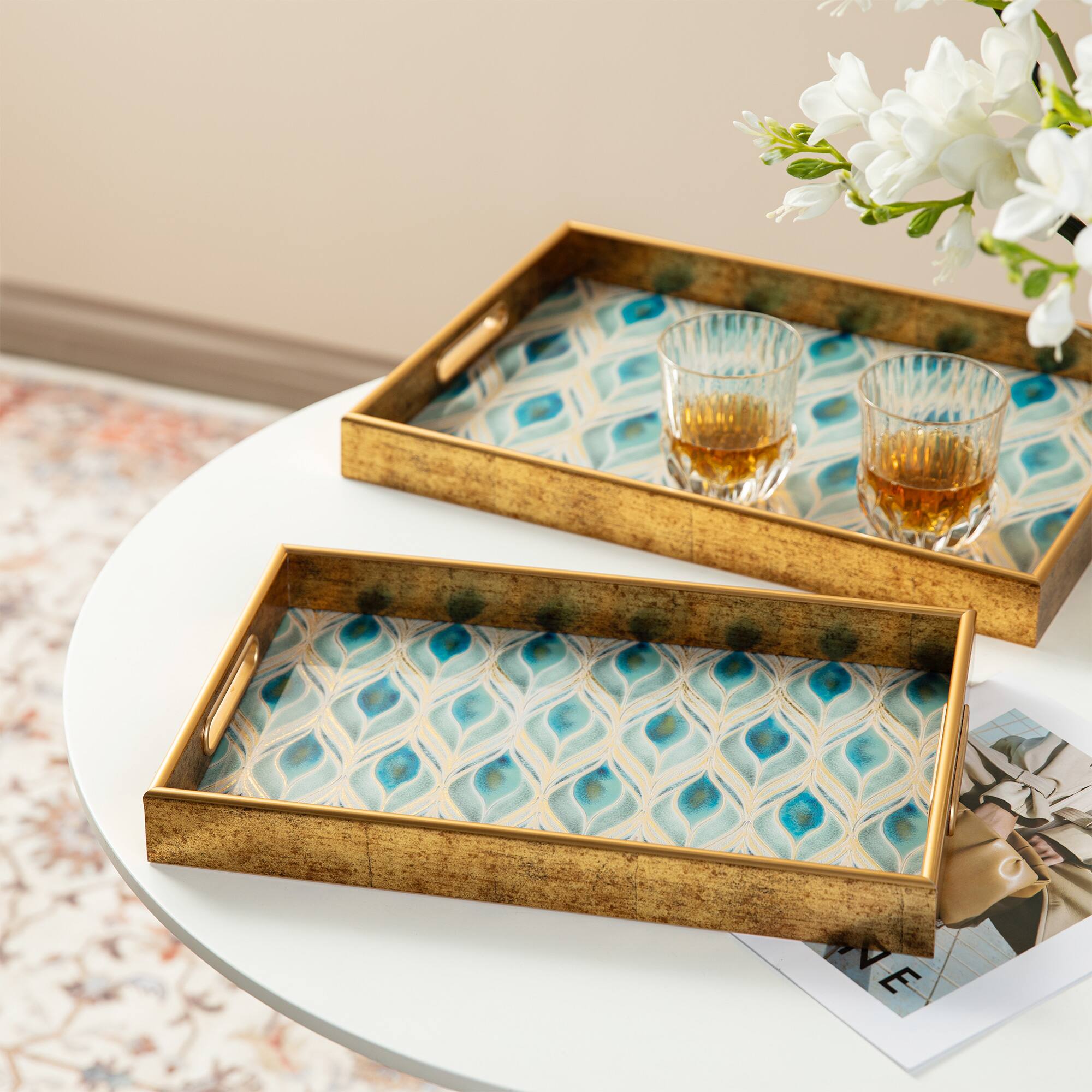 Glitzhome&#xAE; Rectangle Peacock Feathers Patterned Decorative Trays Set