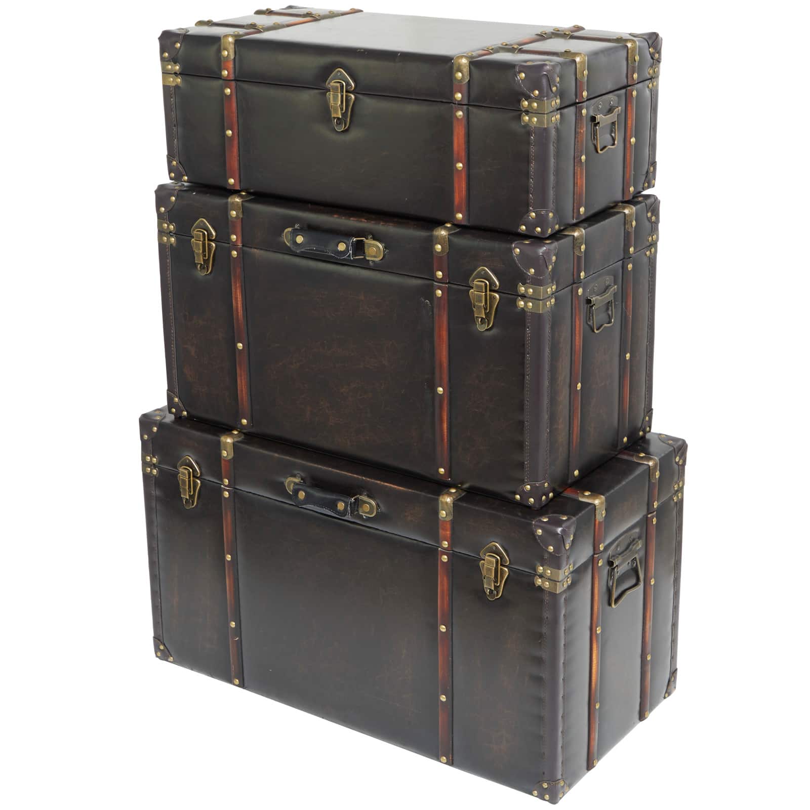 Dark Brown Faux Leather Studded Trunk with Latches & Handles Set