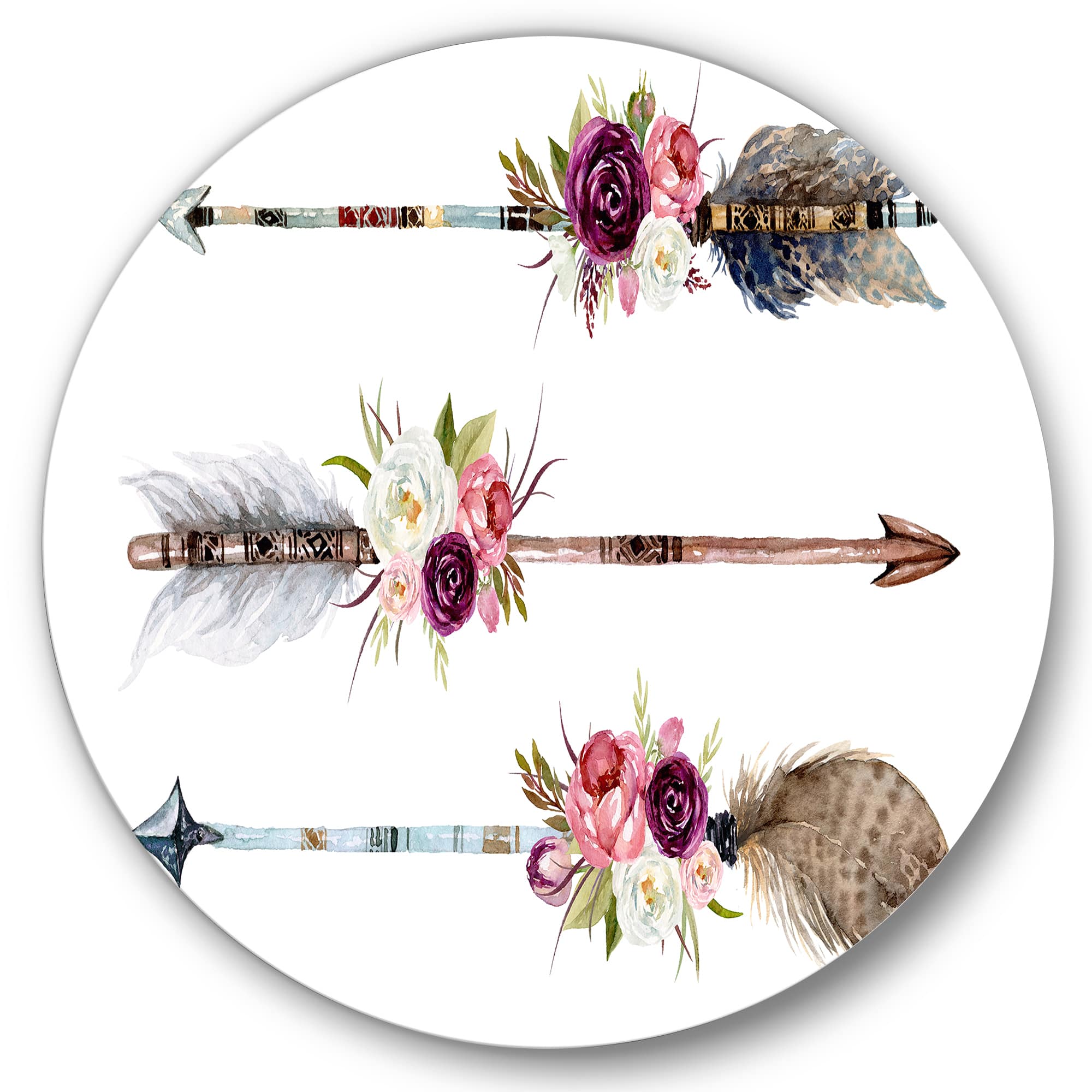 Designart - Ethnic Feathers and Flowers On Native Arrows III - Bohemian &#x26; Eclectic Metal Circle Wall Art