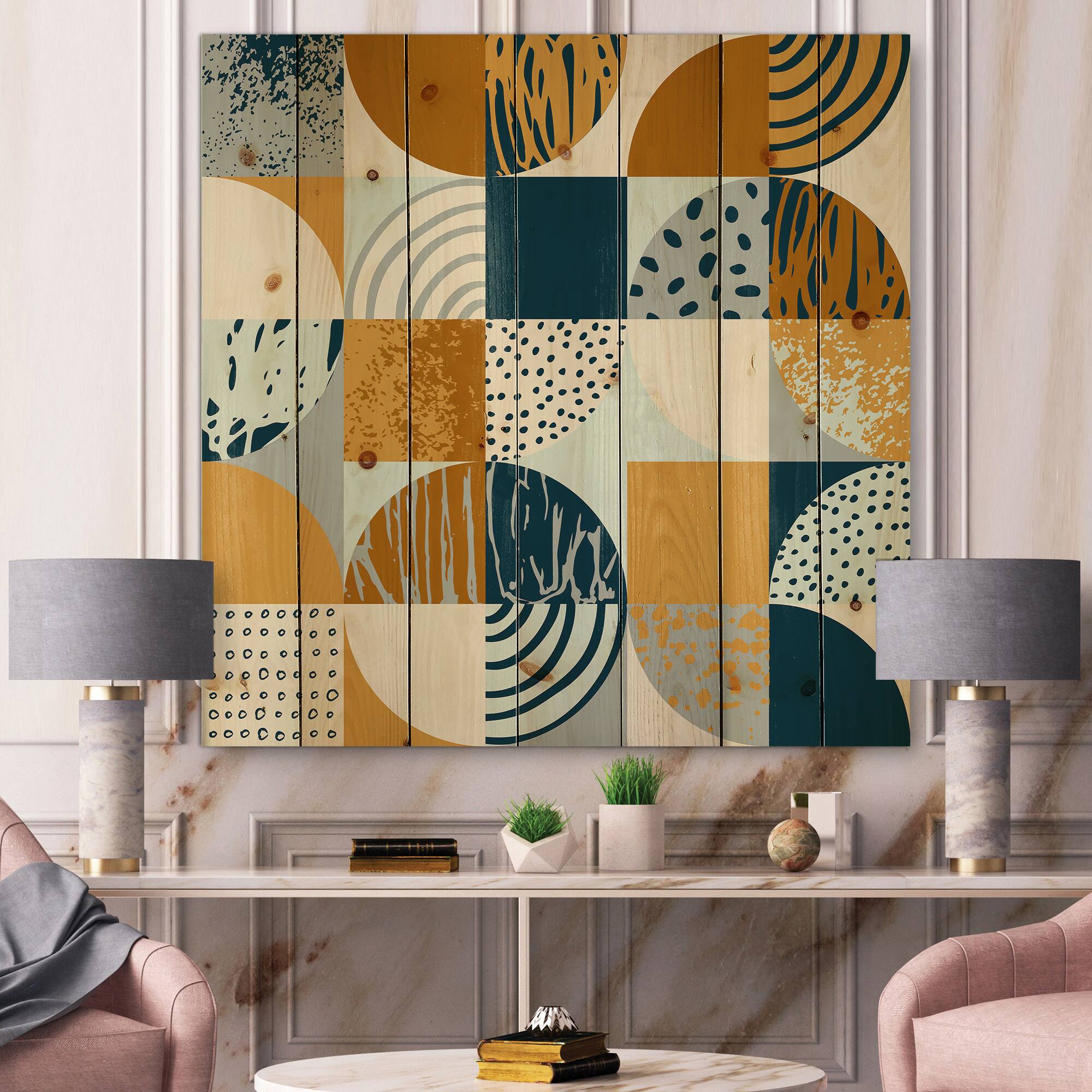 Designart - Retro Semicircles Circles and Squares - Modern Print on Natural Pine Wood