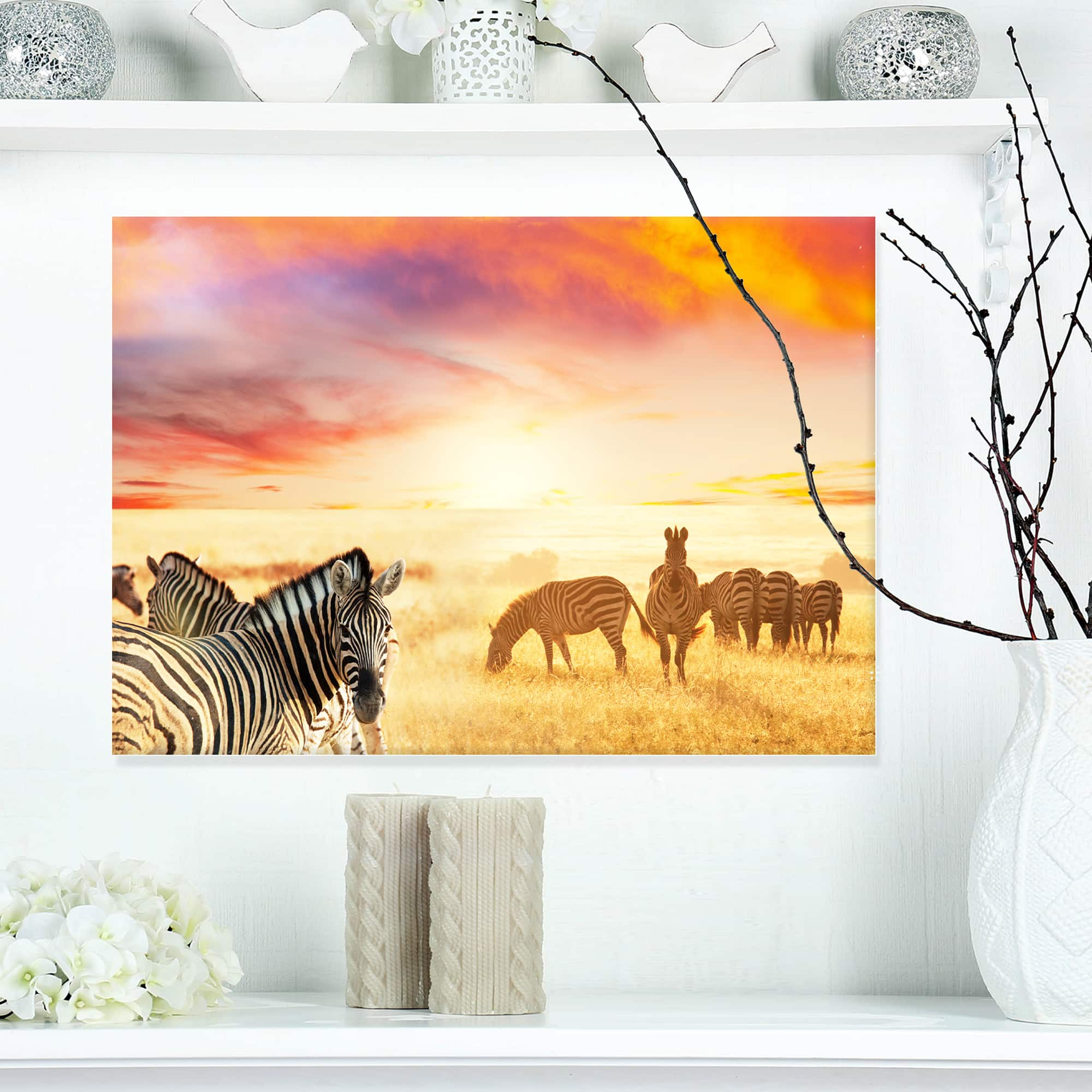 Designart - Cute Zebras Grazing in Grassland - Animal Canvas Art Print