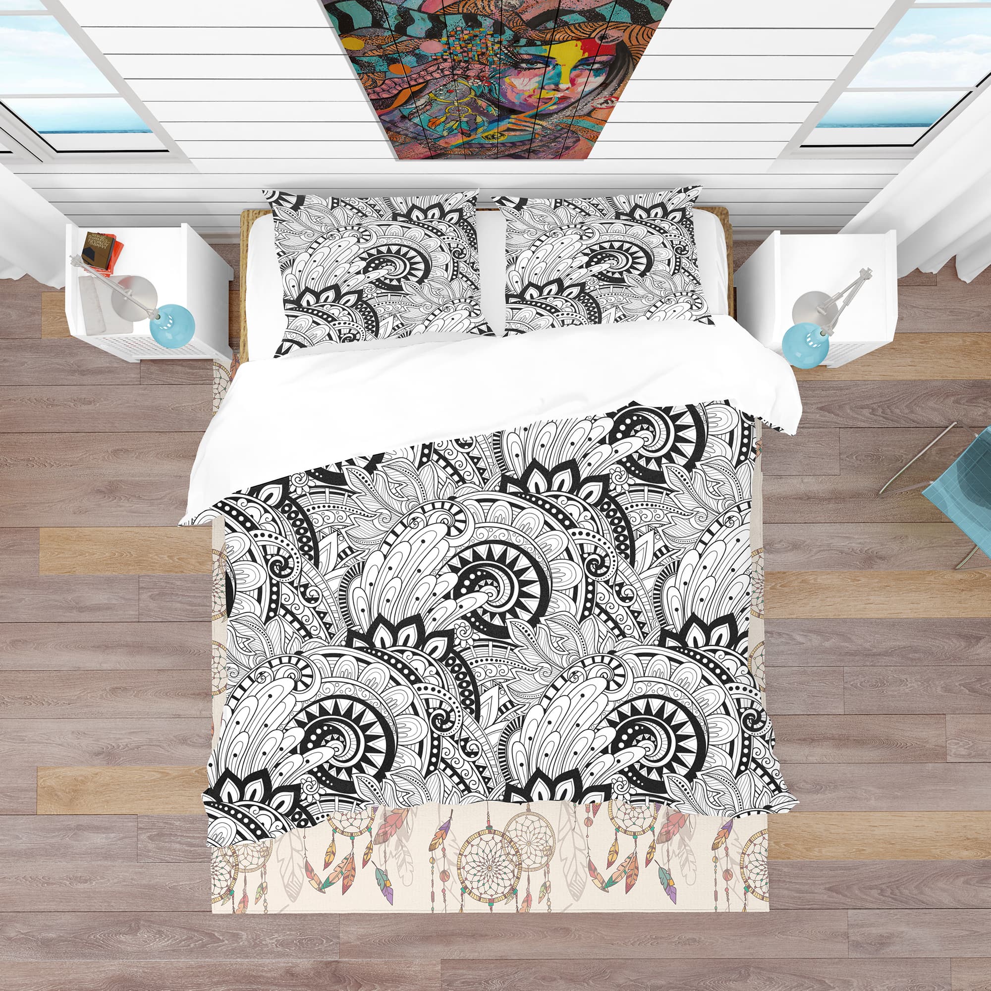 Designart &#x27;Monochrome Abstract Floral Pattern&#x27; Bohemian &#x26; Eclectic Bedding Set - Duvet Cover &#x26; Shams