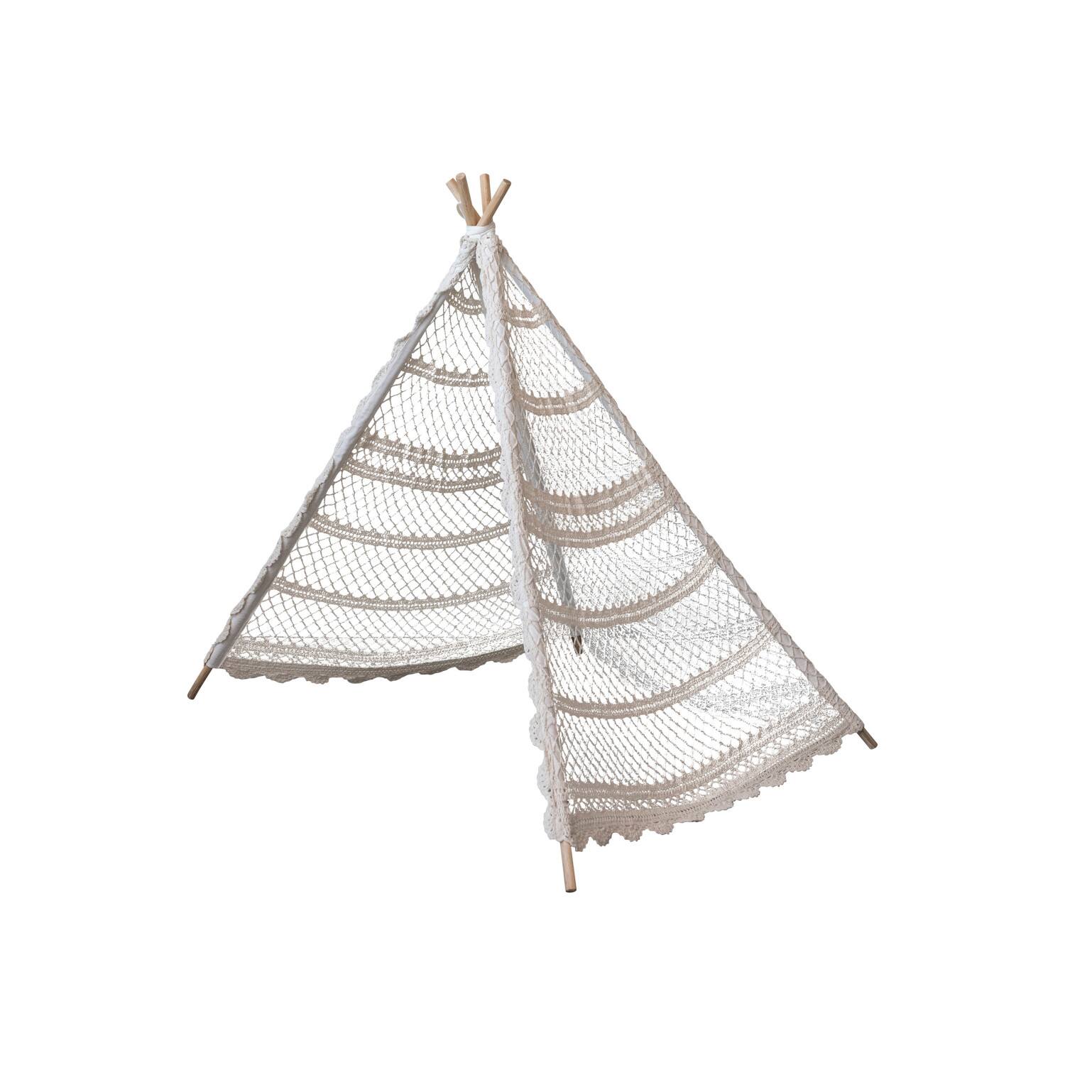 Hello Honey&#xAE; 43.5&#x22; Natural Reclaimed Cotton Crocheted &#x26; Teakwood Teepee with Mat